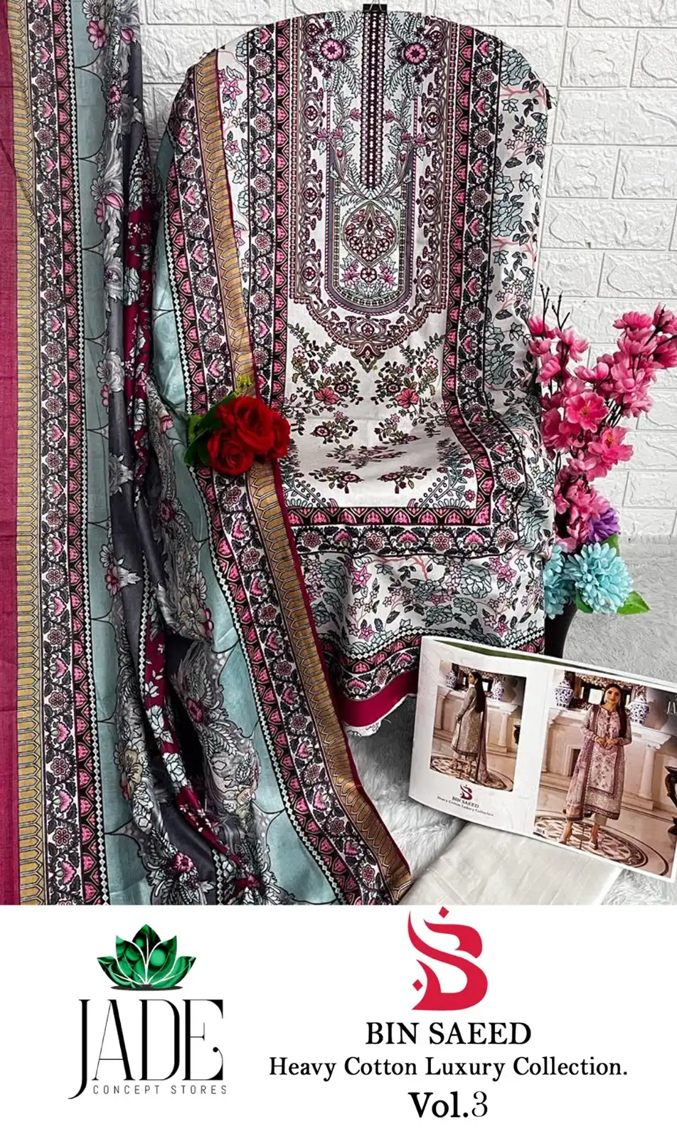 Jade Bin Saeed Heavy Cotton Luxury Collection Vol 3 Lawn Cotton Wholesale Pakistani Salwar Suit Catalog — Wholesale Salwar Suits, MPA wholesale from Surat — view 12