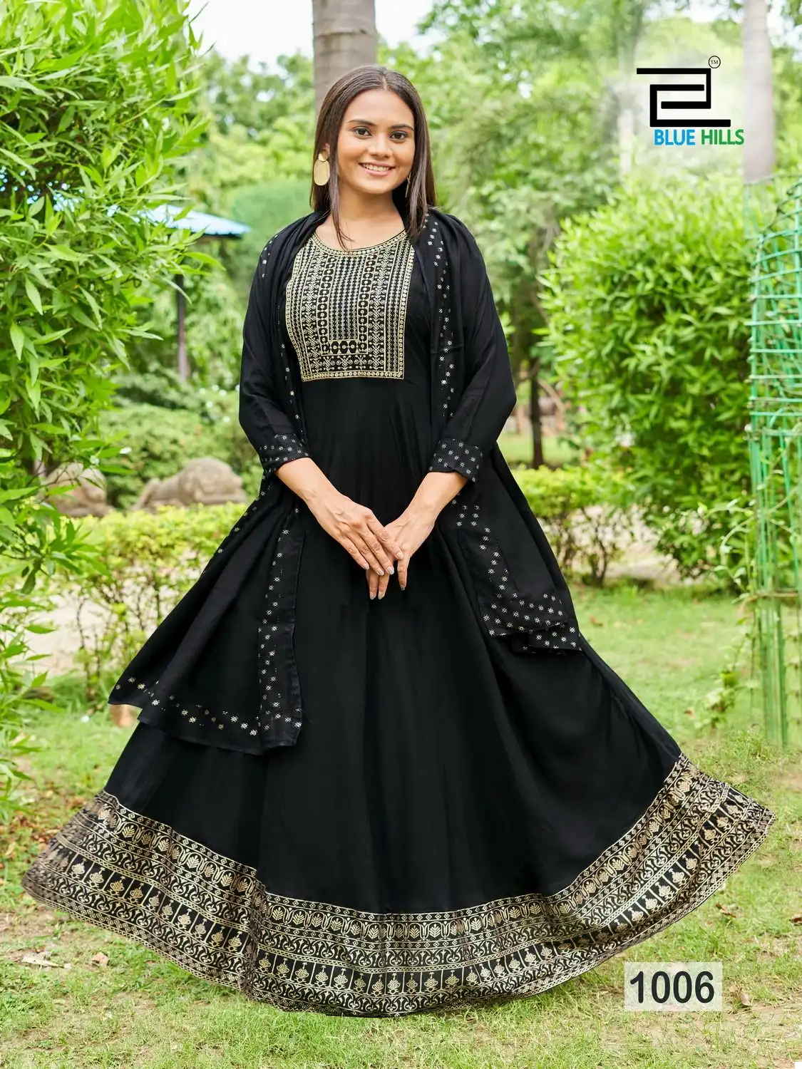 Blue Hills Queen Nx Rayon Wholesale Sequence Embroidery Work Party Wear Long Gown With Dupatta Catalog — Wholesale Kurtis, Blue Hills wholesale from Surat - Gallery Image 2