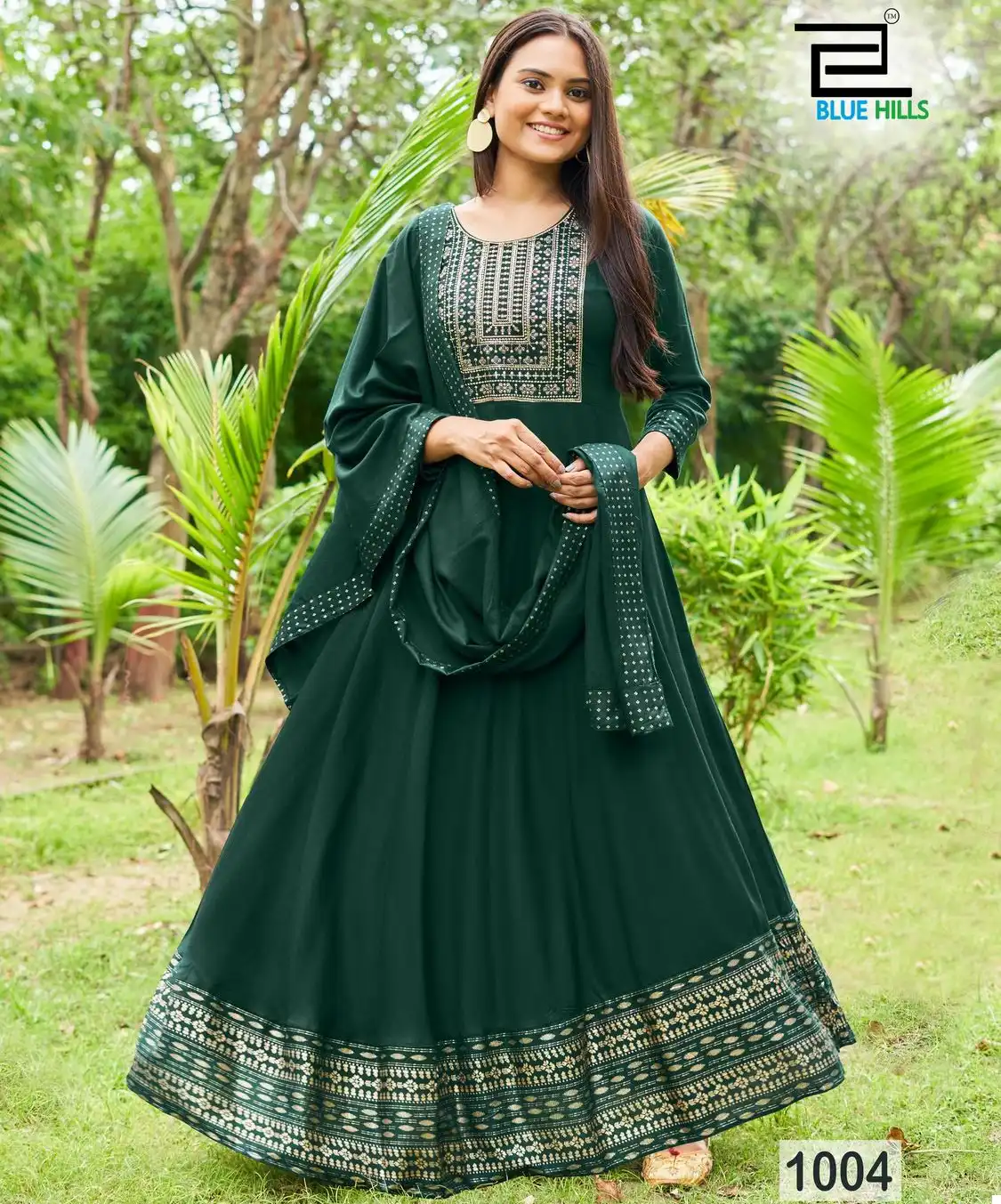 Blue Hills Queen Nx Rayon Wholesale Sequence Embroidery Work Party Wear Long Gown With Dupatta Catalog — Wholesale Kurtis, Blue Hills wholesale from Surat — view 1