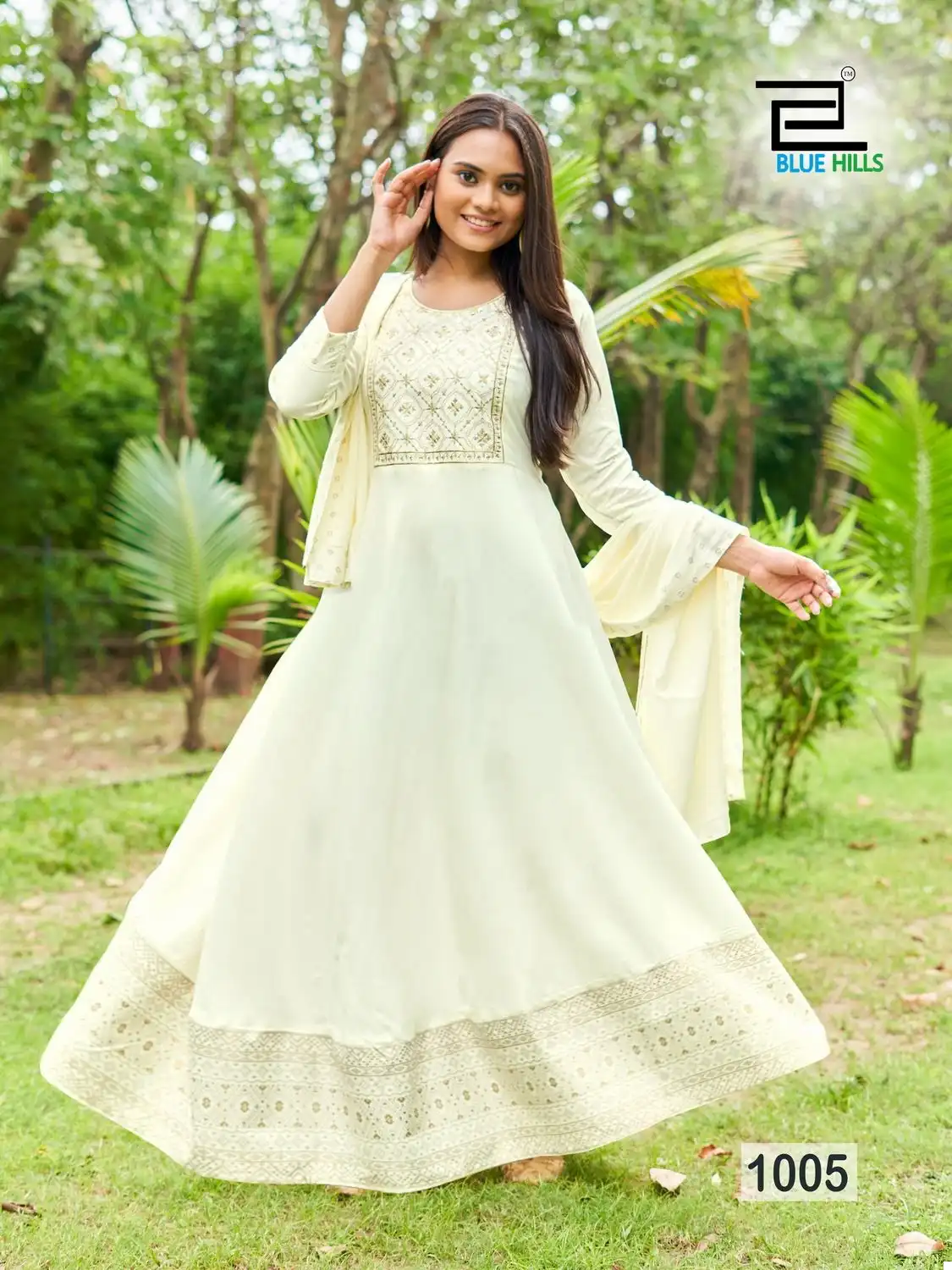 Blue Hills Queen Nx Rayon Wholesale Sequence Embroidery Work Party Wear Long Gown With Dupatta Catalog — Wholesale Kurtis, Blue Hills wholesale from Surat - Gallery Image 5