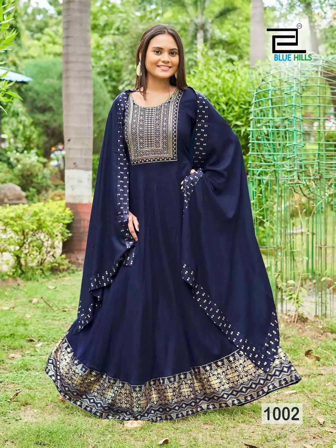 Blue Hills Queen Nx Rayon Wholesale Sequence Embroidery Work Party Wear Long Gown With Dupatta Catalog — Wholesale Kurtis, Blue Hills wholesale from Surat - Gallery Image 6