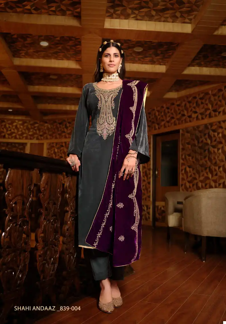 Belliza Designer Shahi Andaaz Velvet Wholesale Heavy Embroidery Designer Winter Wear Salwar Suit Catalog — Wholesale Salwar Suits, Belliza Designer wholesale from Surat - Gallery Image 4
