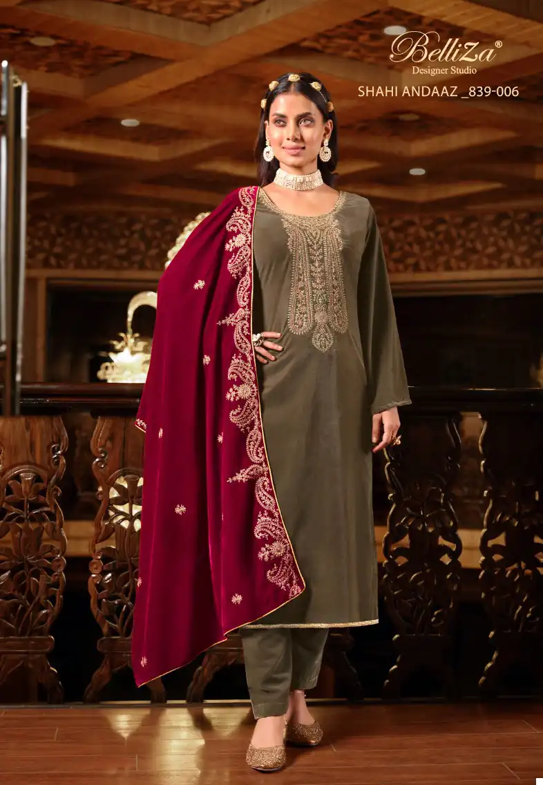 Belliza Designer Shahi Andaaz Velvet Wholesale Heavy Embroidery Designer Winter Wear Salwar Suit Catalog — Wholesale Salwar Suits, Belliza Designer wholesale from Surat - Gallery Image 6
