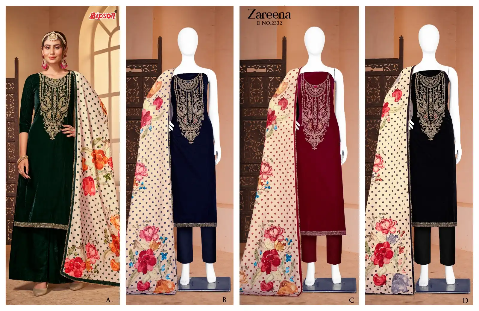 Bipson Zareena 2332 Pure Viscos Velvet Wholesale Winter Wear Salwar Suit Catalog — Wholesale Salwar Suits, MPA wholesale from Surat — view 5