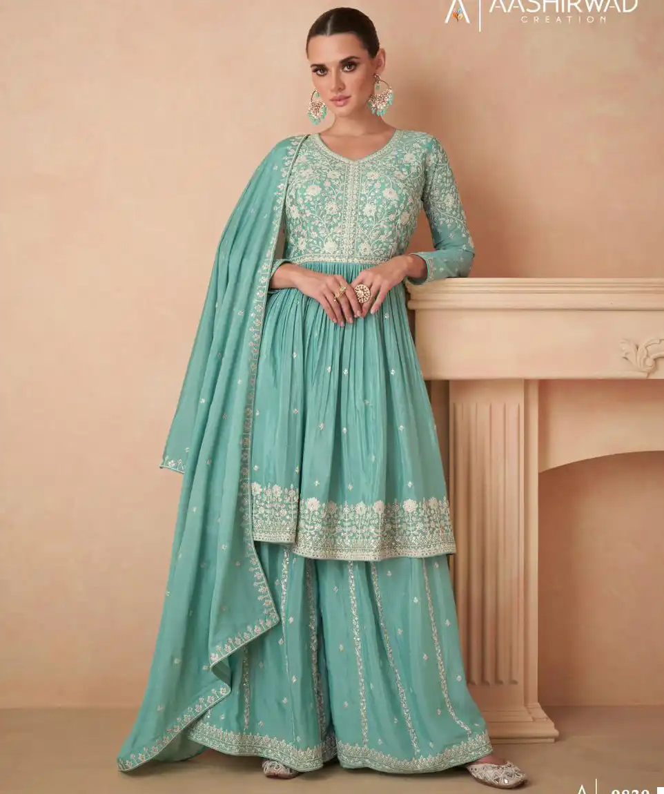 Aashirwad Aahana Premium Chinnon Silk Wholesale Readymade Designer Suits Catalog — Wholesale Salwar Suits, Aashirwad Creation wholesale from Surat — view 1
