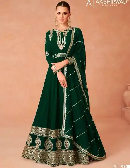 Aashirwad Andaz Gold Real Georgette Wholesale Designer Long Gown With Dupatta Catalog