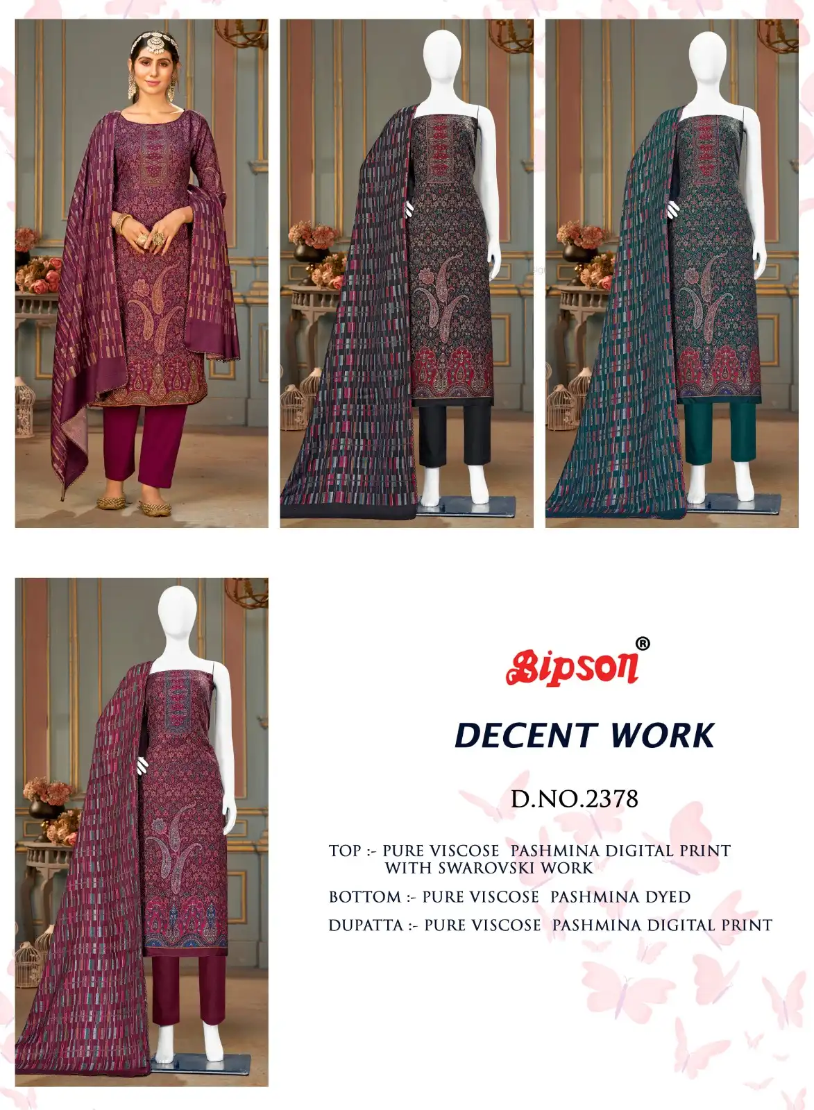 Bipson Decent Work-2378 Pure Viscose Pashmina Wholesale Winter Wear Suits Catalog — Wholesale Salwar Suits, MPA wholesale from Surat — view 5