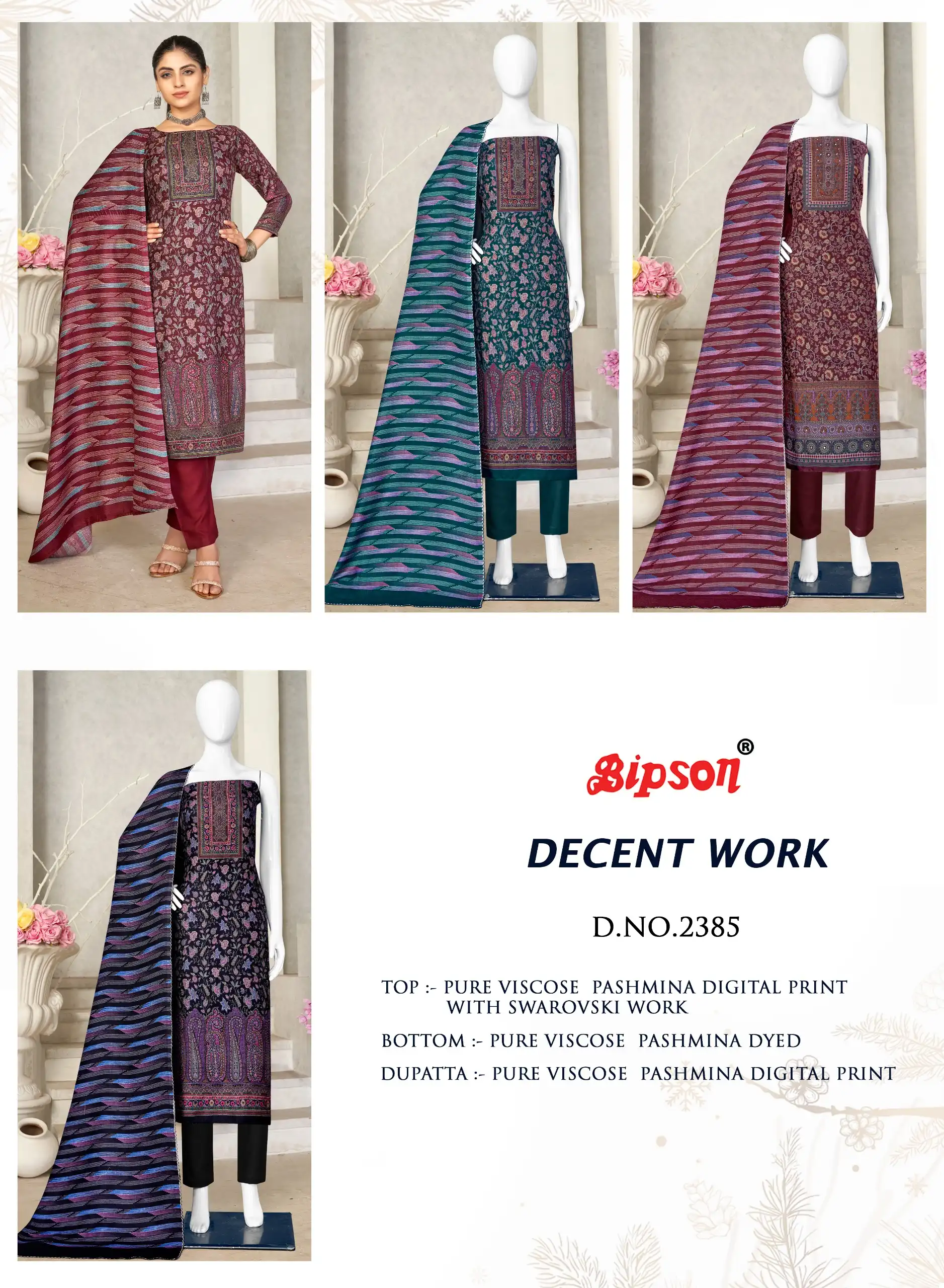 Bipson Decent Work-2385 Pure Viscose Pashmina Wholesale Winter Wear Suits Catalog — Wholesale Salwar Suits, MPA wholesale from Surat — view 5