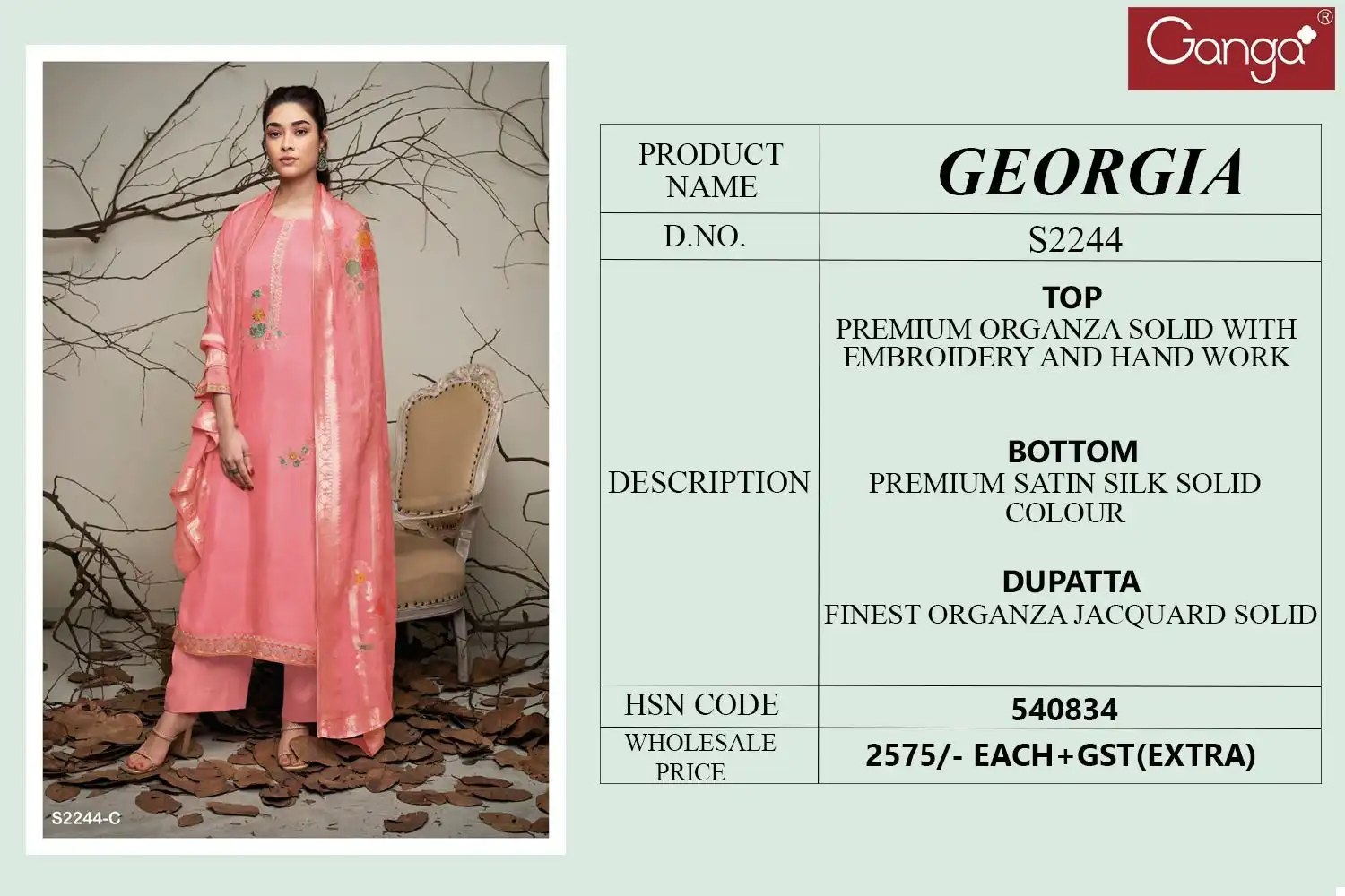 Ganga Georgia 2244 Premium Organza Solid Wholesale Salwar Suit Catalog - Image 4