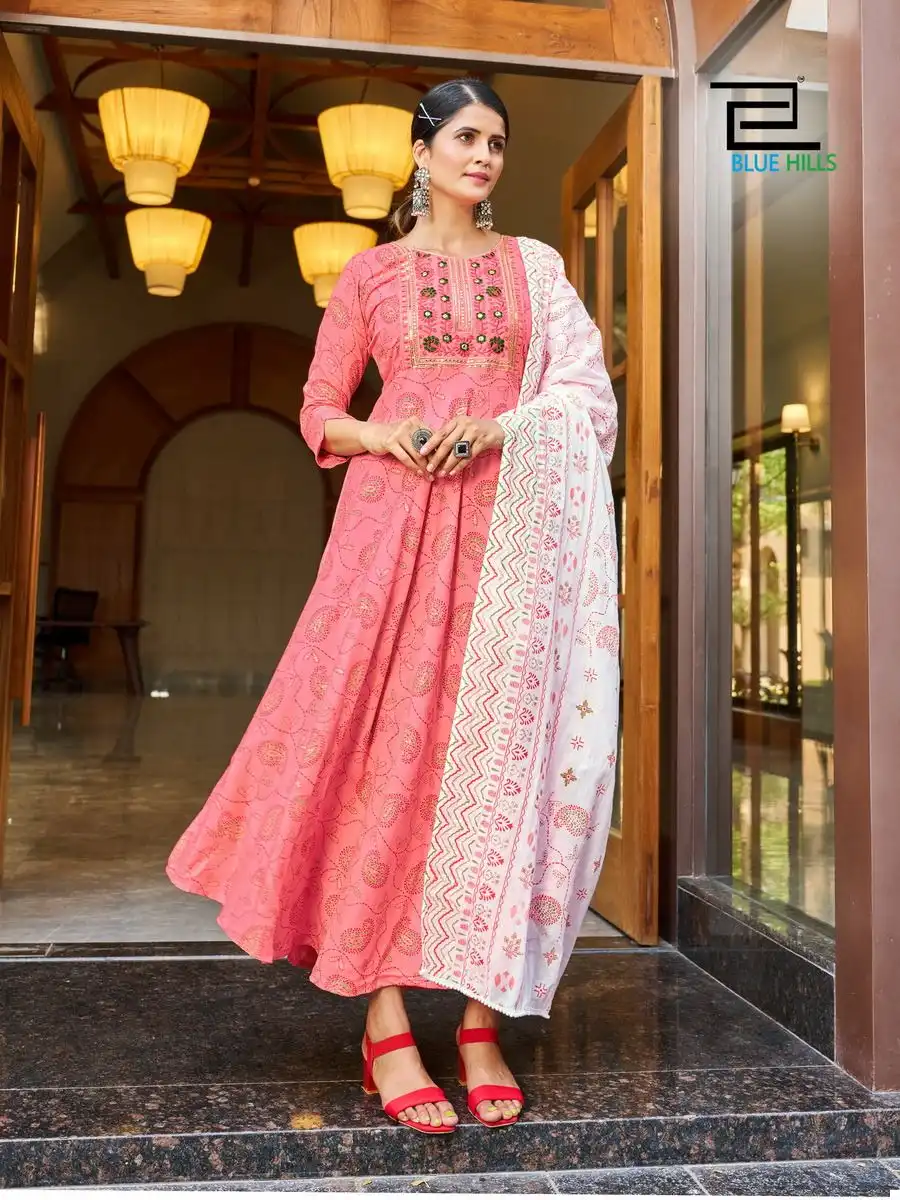 Blue Hills Kohinoor Rayon 14 Kg Foil Print Wholesale Long Gown With Dupatta Catalog - Image 2