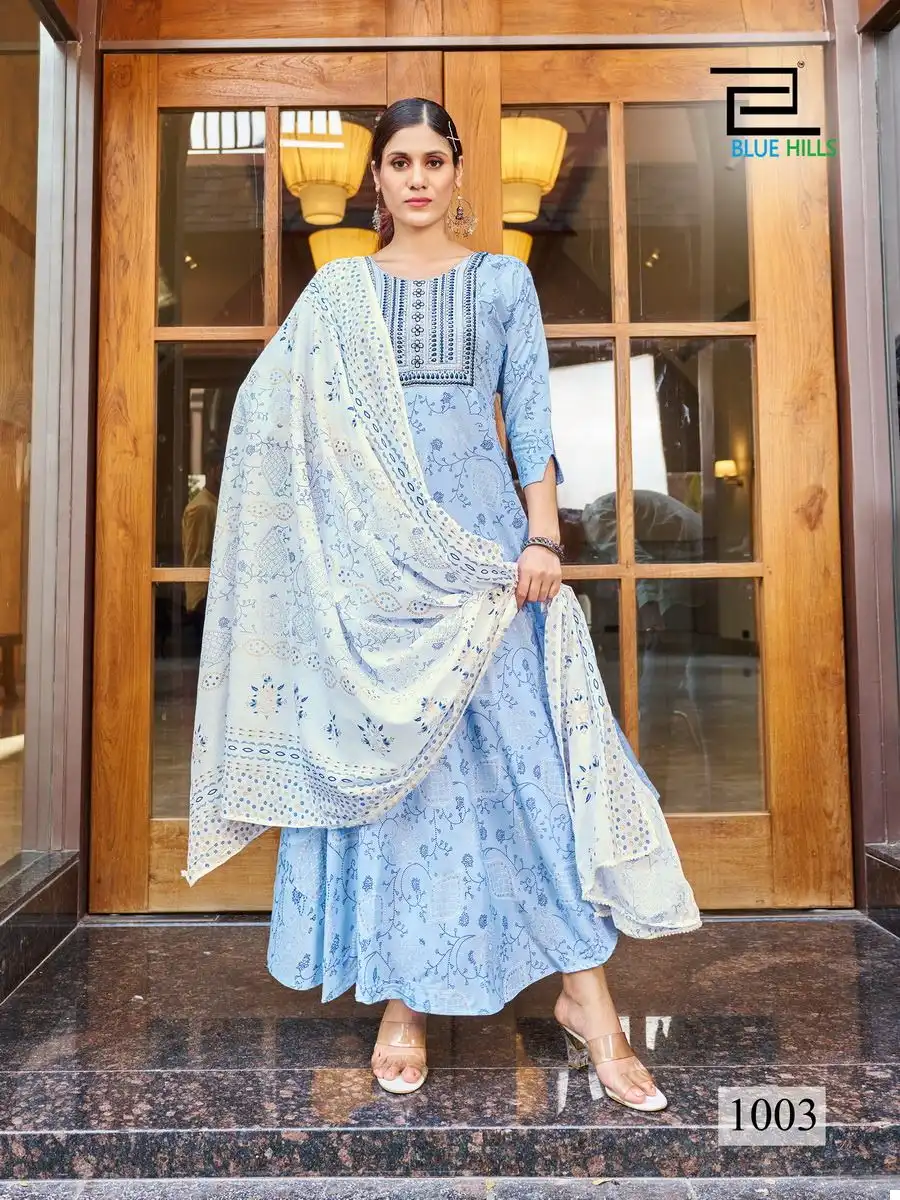 Blue Hills Kohinoor Rayon 14 Kg Foil Print Wholesale Long Gown With Dupatta Catalog - Image 3