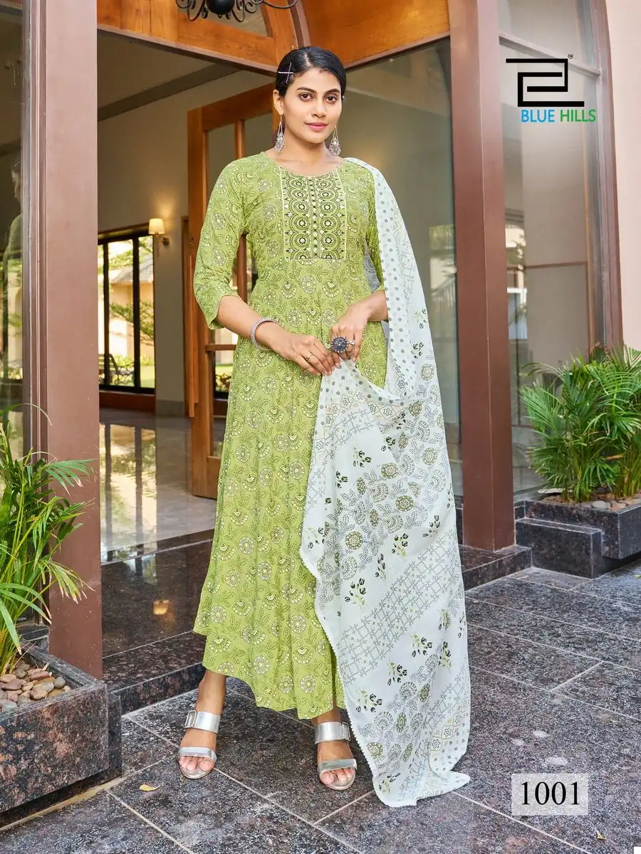 Blue Hills Kohinoor Rayon 14 Kg Foil Print Wholesale Long Gown With Dupatta Catalog - Image 4