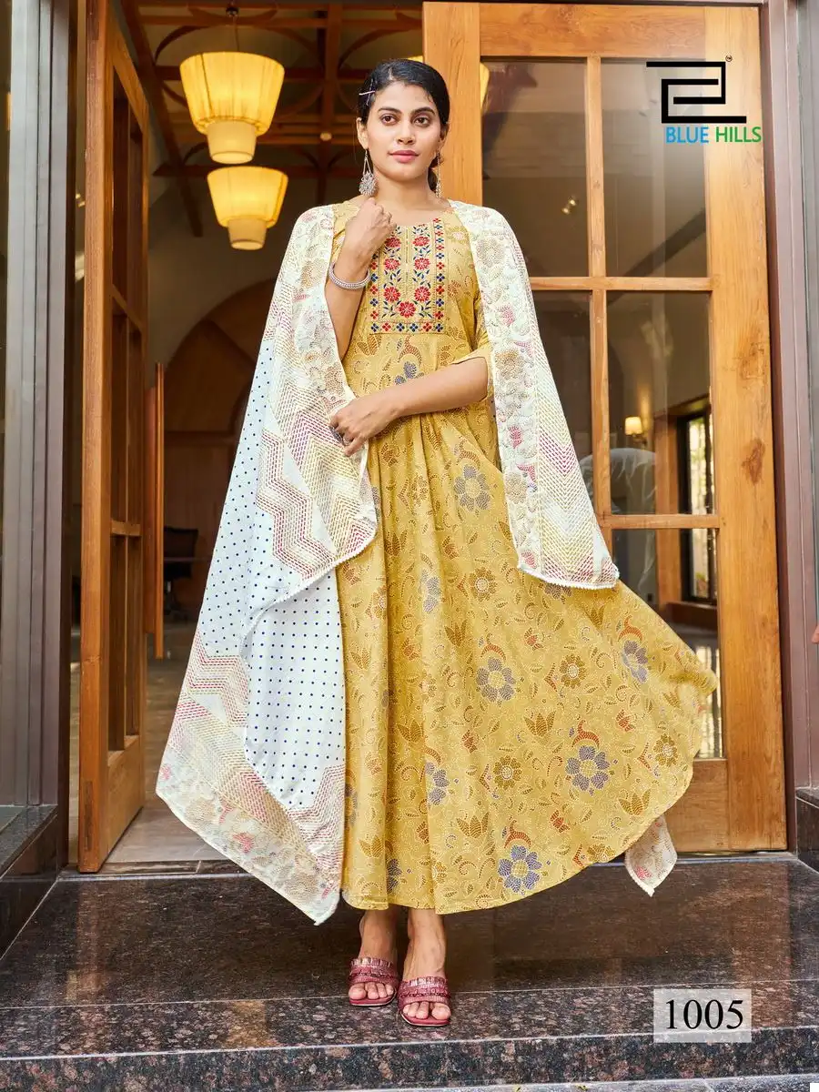 Blue Hills Kohinoor Rayon 14 Kg Foil Print Wholesale Long Gown With Dupatta Catalog - Image 6