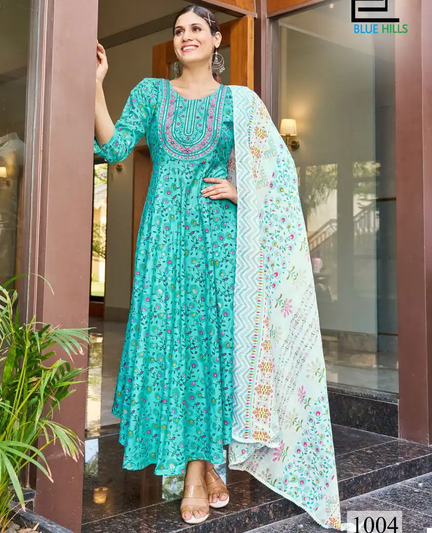 Blue Hills Kohinoor Rayon 14 Kg Foil Print Wholesale Long Gown With Dupatta Catalog