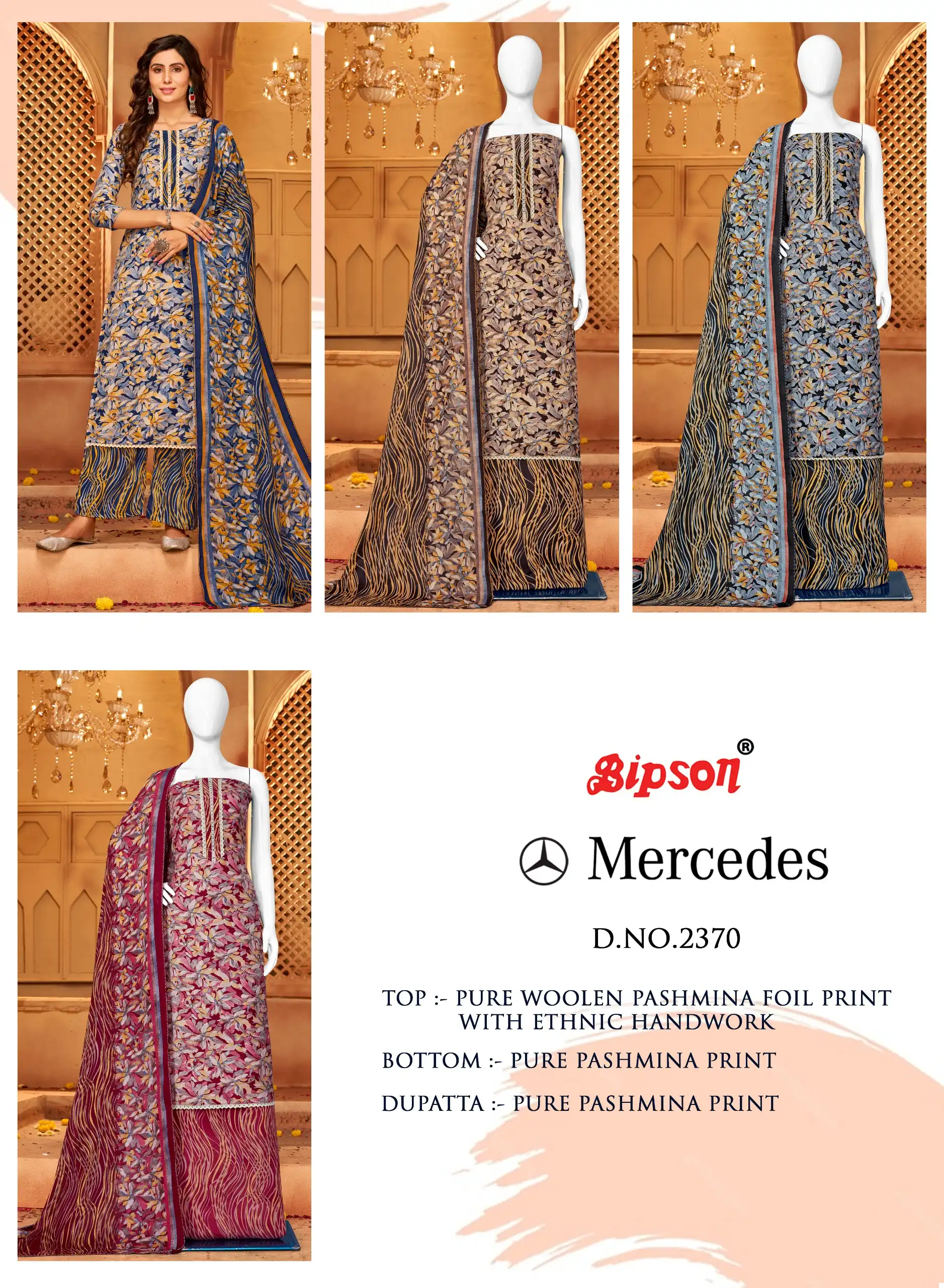 Bipson Mercedes-2370 Pure Woolen Pashmina Wholesale Winter Wear Suits Catalog — Wholesale Salwar Suits, MPA wholesale from Surat — view 5