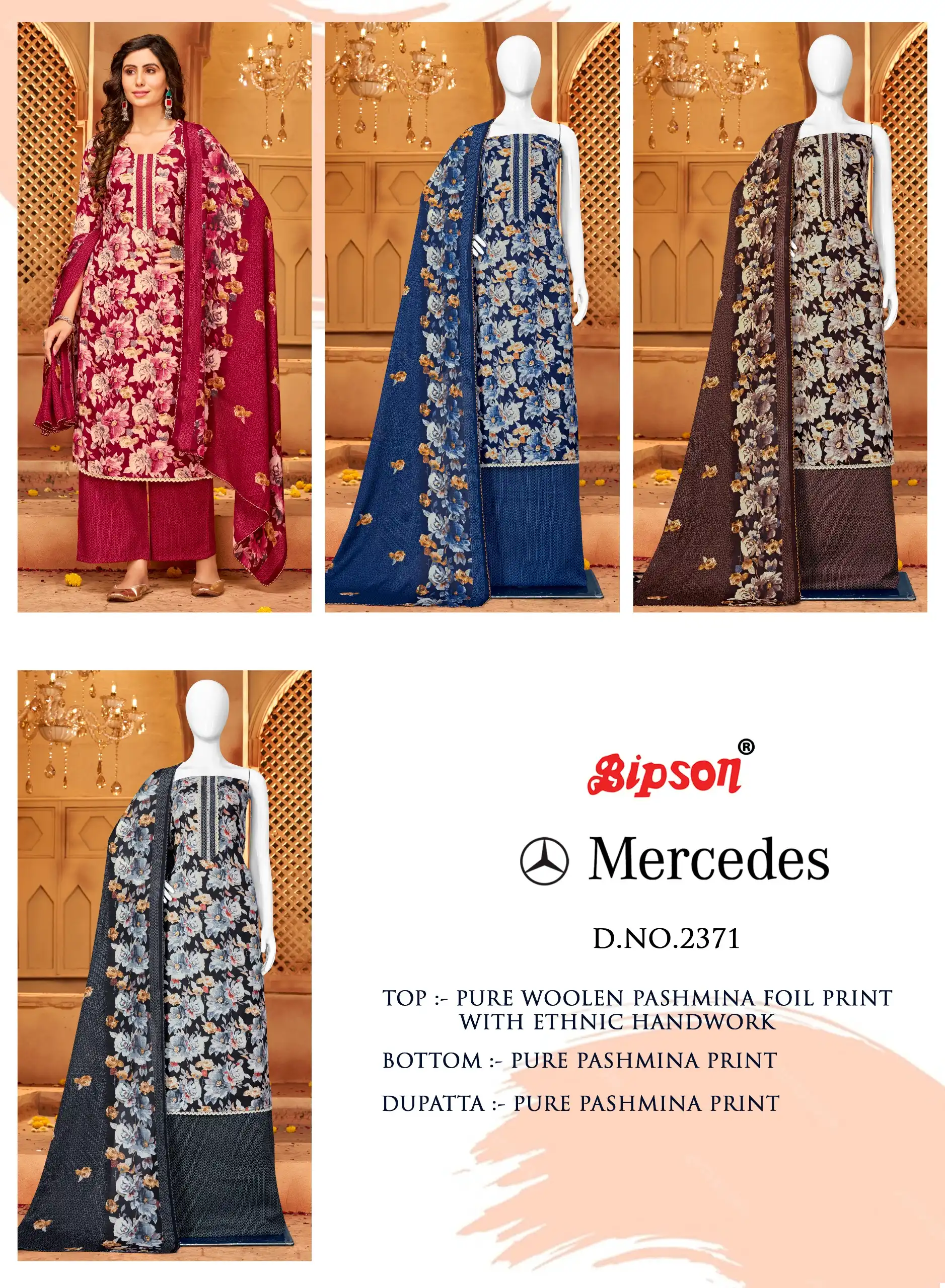 Bipson Mercedes-2371 Pure Woolen Pashmina Wholesale Winter Wear Suits Catalog — Wholesale Salwar Suits, MPA wholesale from Surat — view 5