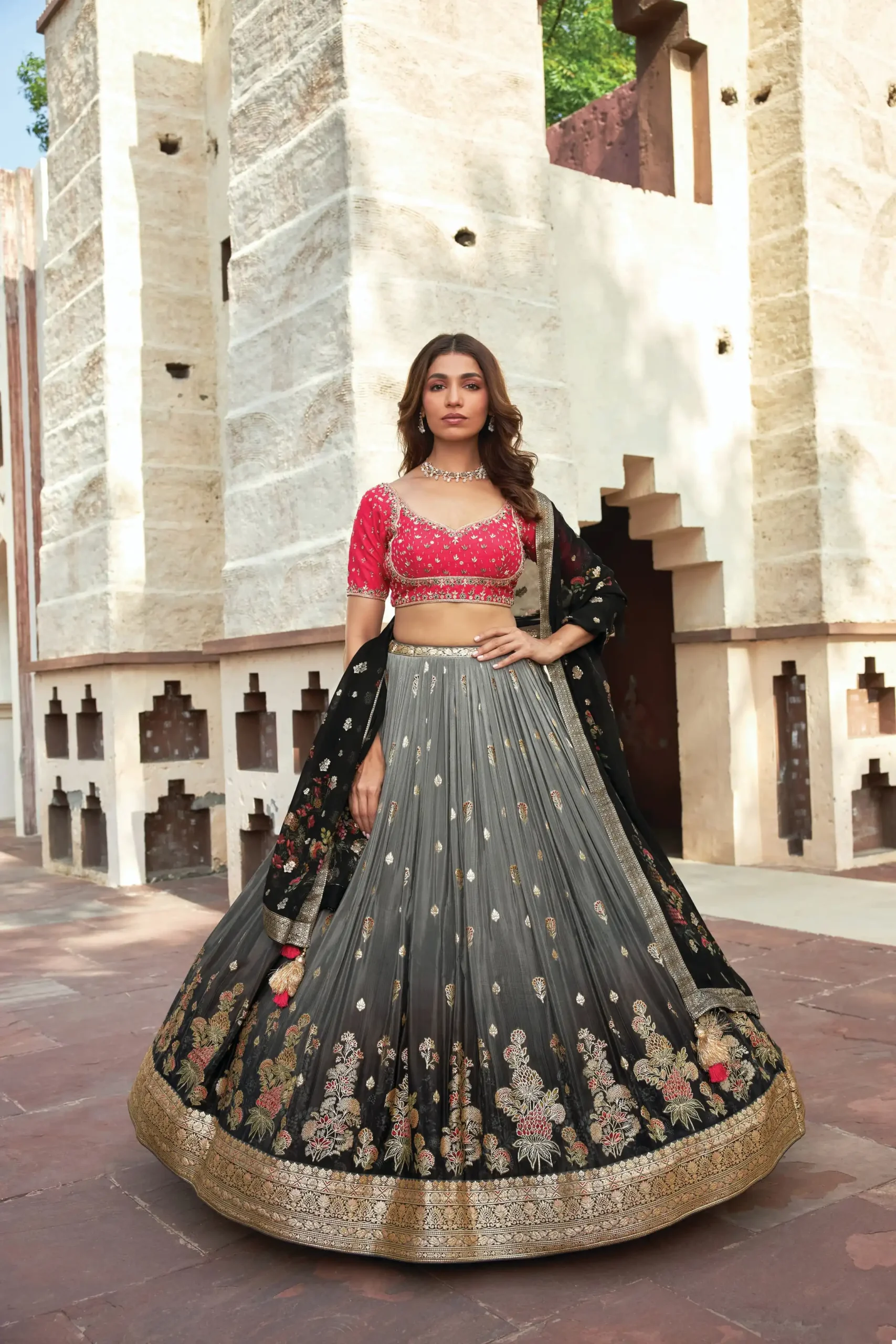 VE Mayflower Crepe Jacquard Silk Wholesale Designer Readymade Lehenga Catalog - Image 2