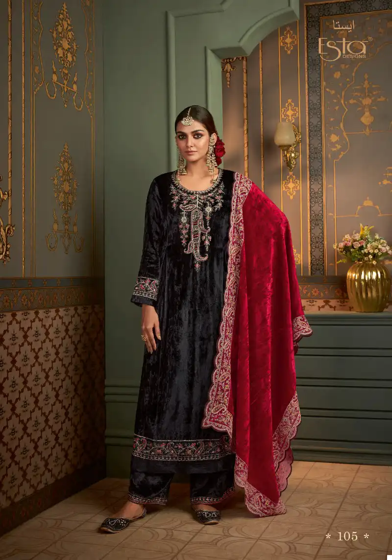 Esta Designs Rubaiyat Pure Silk Velvet Wholesale Winter Wear Suits Catalog — Wholesale Salwar Suits, MPA wholesale from Surat - Gallery Image 3