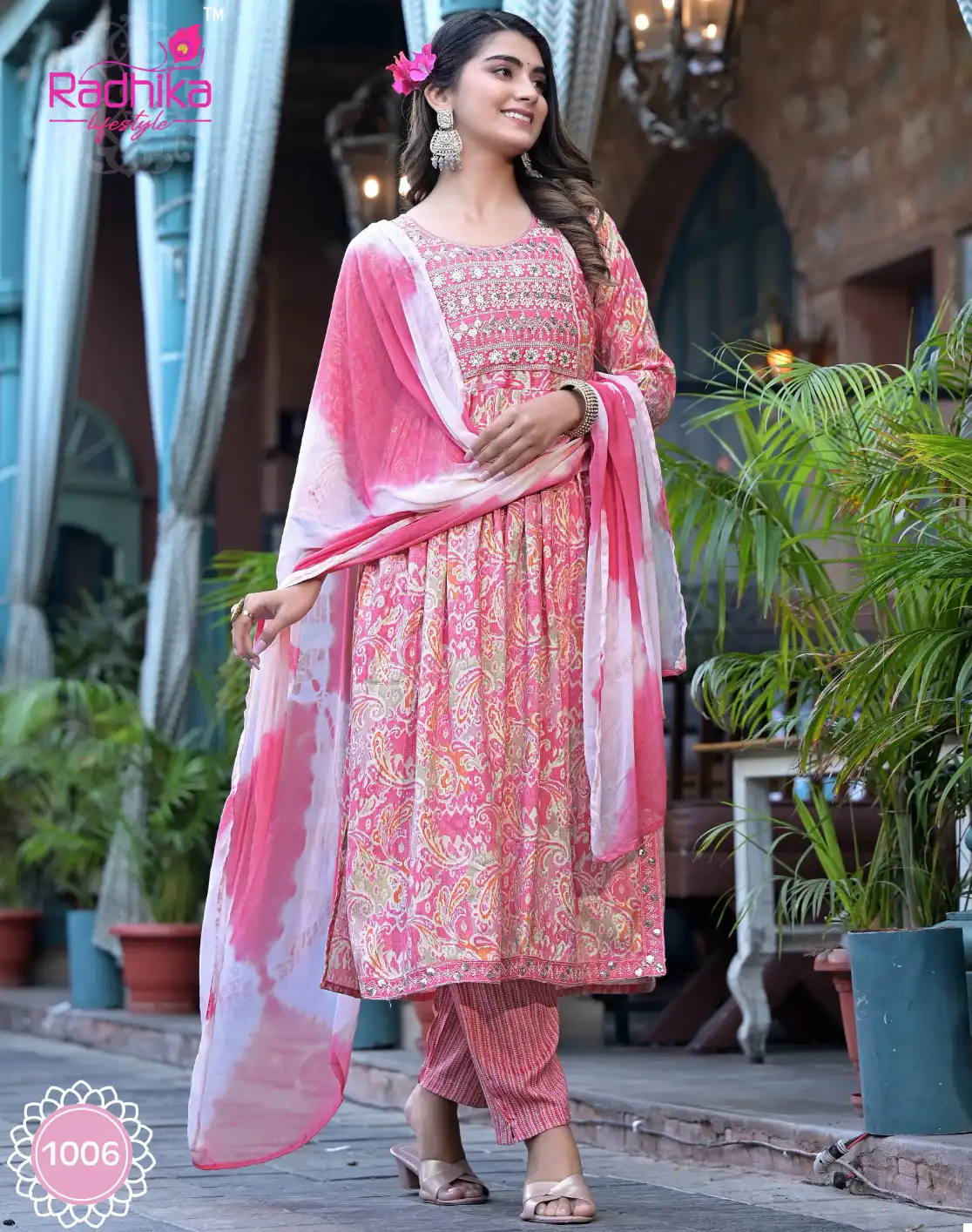 Radhika Lifestyle Pink Flower Premium Rayon Wholesale Readymade Salwar Suit Catalog — Wholesale Salwar Suits, MPA wholesale from Surat — view 1
