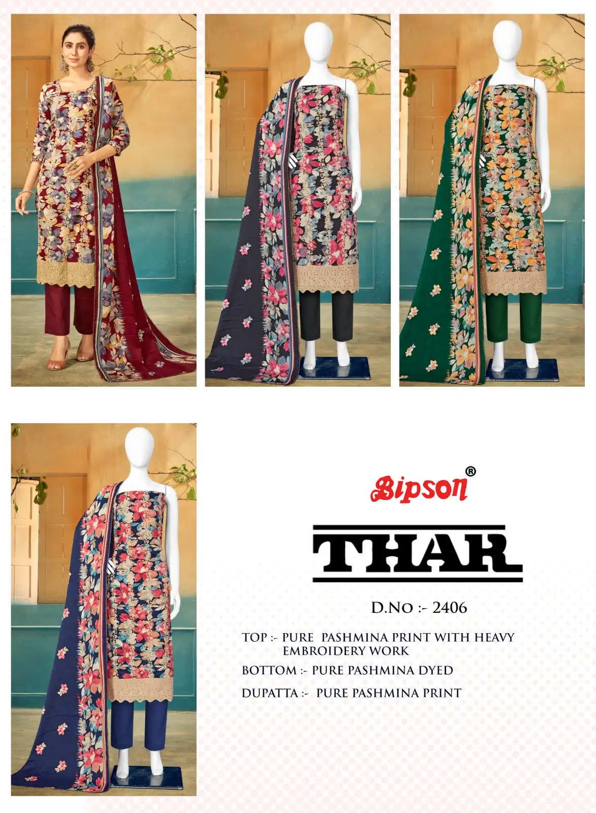 Bipson Thar-2406 Pure Pashmina Wholesale Winter Wear Suits Catalog — Wholesale Salwar Suits, MPA wholesale from Surat — view 5
