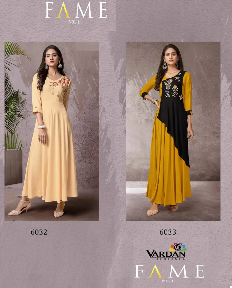Vardan Designer Fame Vol 1 14Kg Heavy Rayon Wholesale Gown Catalog — Wholesale Kurtis, MPA wholesale from Surat — view 3