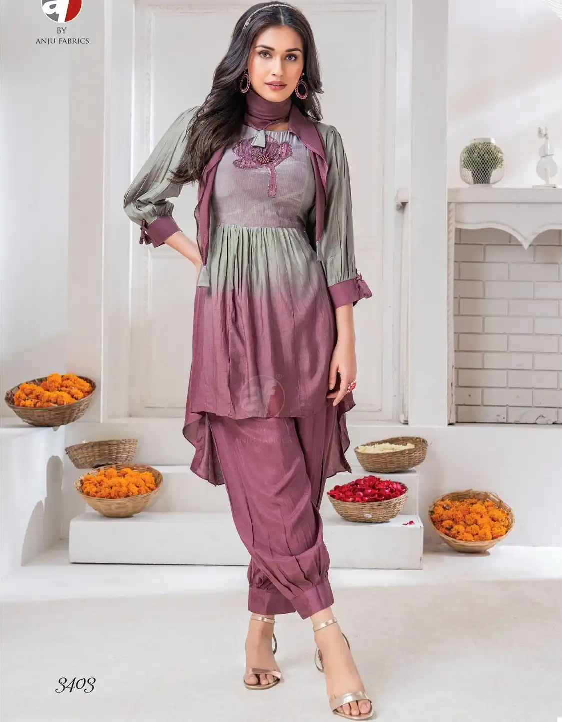 Anju Fabrics Happy Shades Natural Crepe Wholesale Kurti Pant With Dupatta Catalog