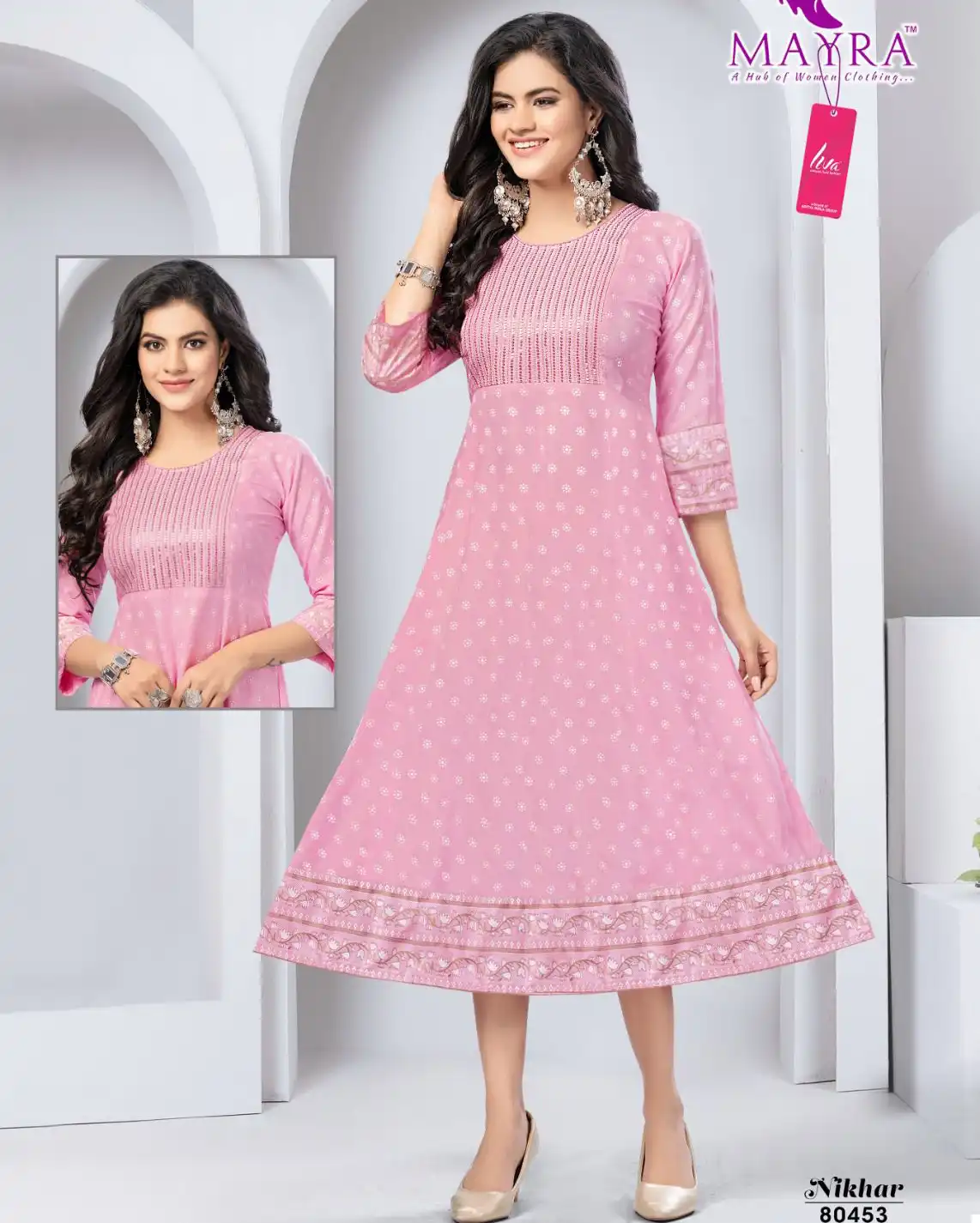 Mayra Nikhar Pure Heavy Liva Approved Viscose Rayon Wholesale Kurtis Catalog