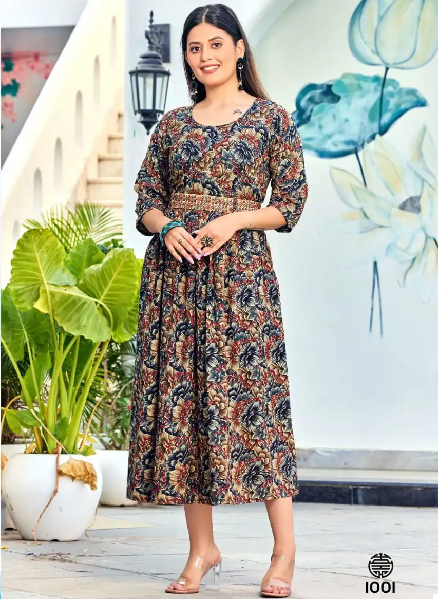 Paavi Rayon Belt Rayon Print Wholesale Long Kurtis Catalog