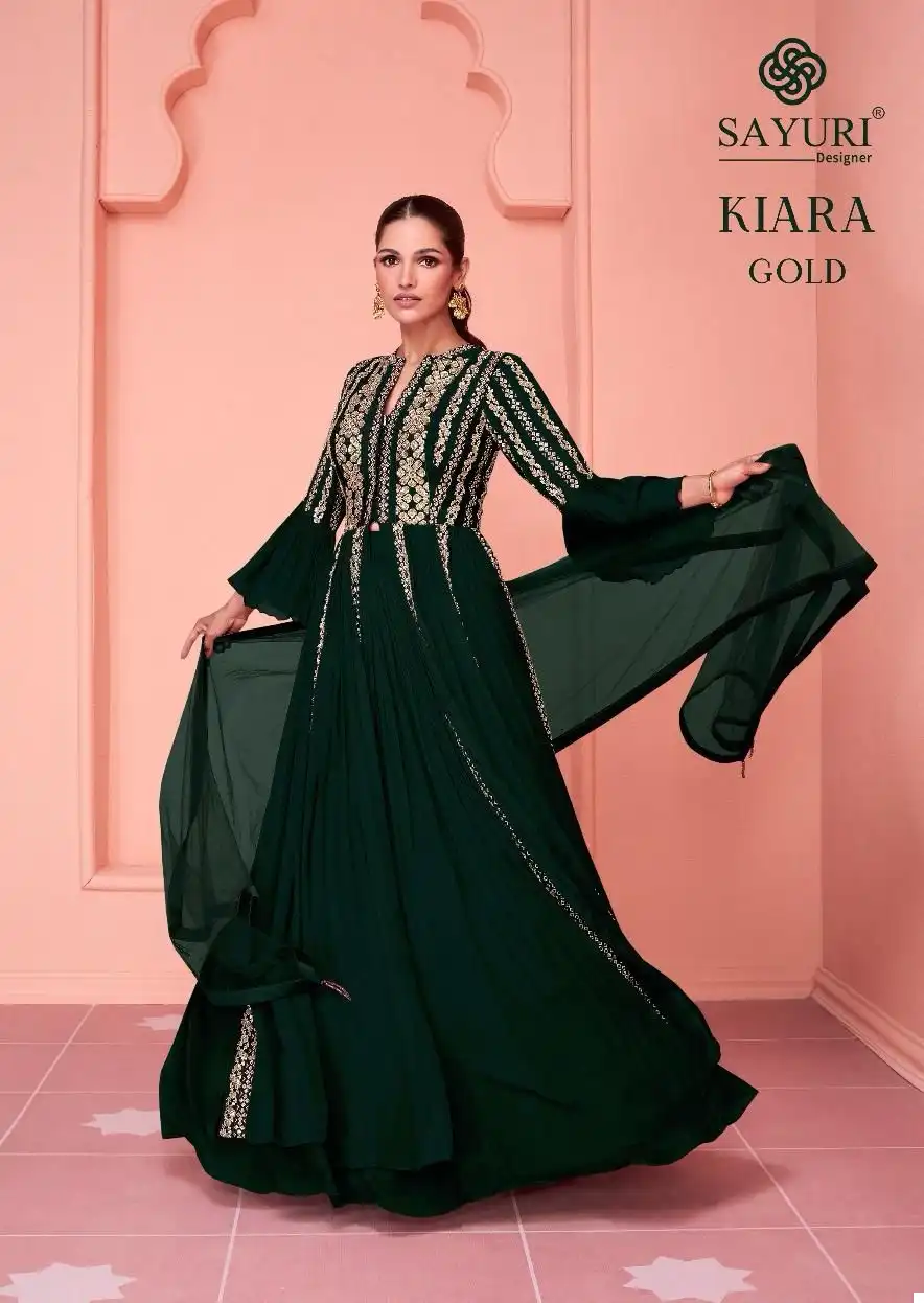 Sayuri Designer Kiaraa Gold Real Georgette Wholesale Designer Long Gown with Dupatta Catalog - Image 2