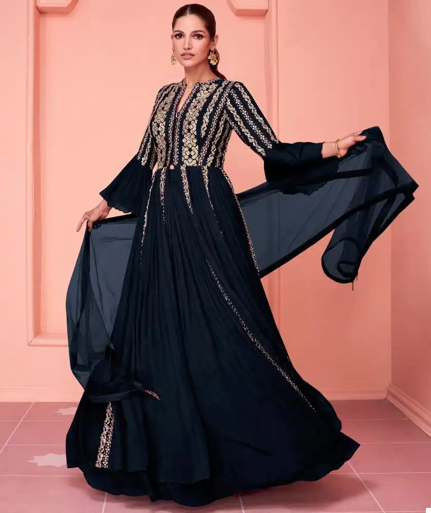 Sayuri Designer Kiaraa Gold Real Georgette Wholesale Designer Long Gown with Dupatta Catalog