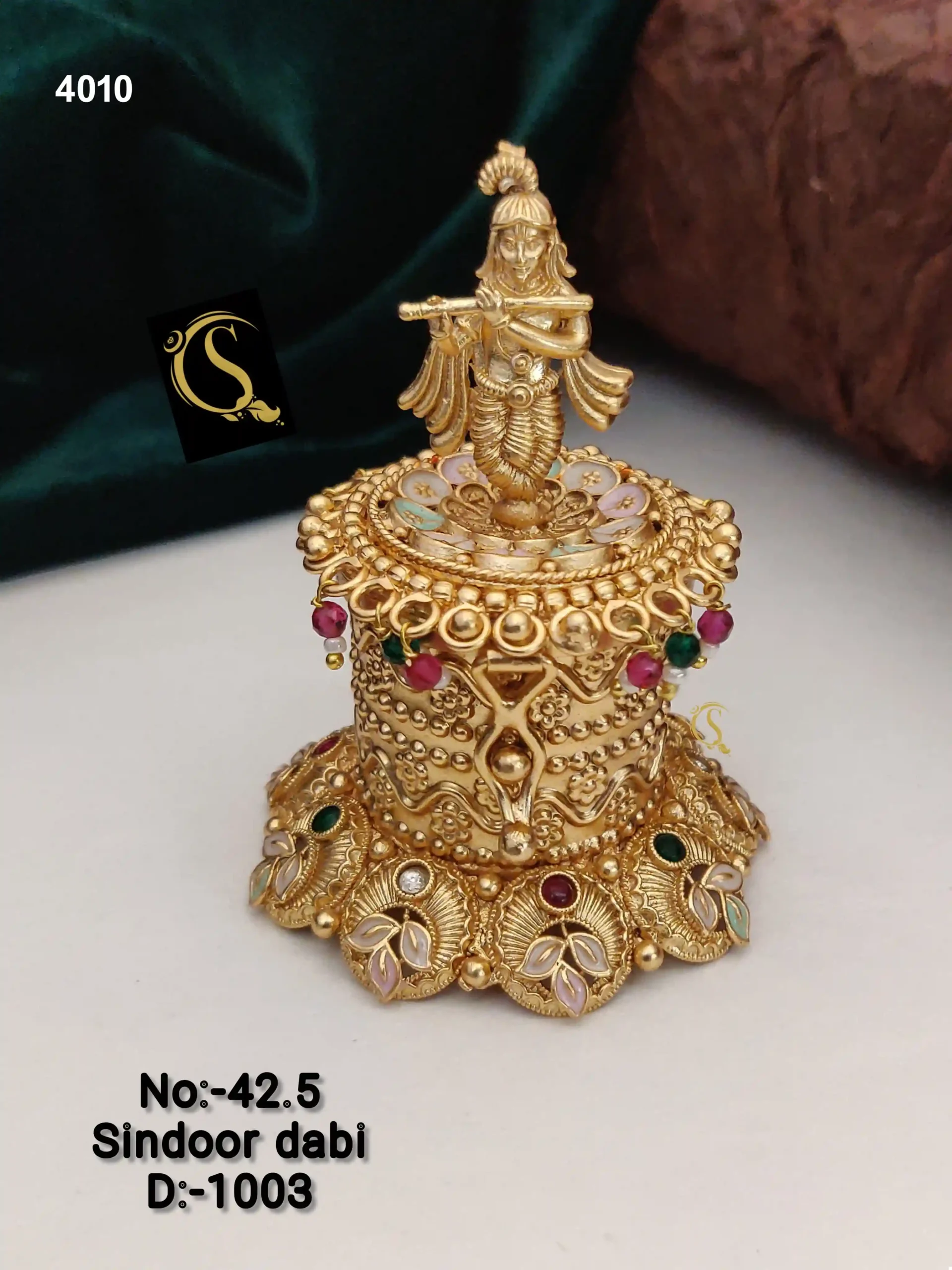 Traditional Gold-Plated Sindoor Dabi With Intricate Carvings - Image 7