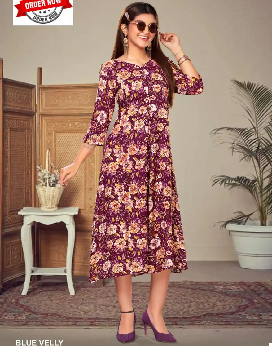 Vardan Ethnic Blue Velly Vol 1 Rayon Foil Print Wholesale Long Kurtis Catalog