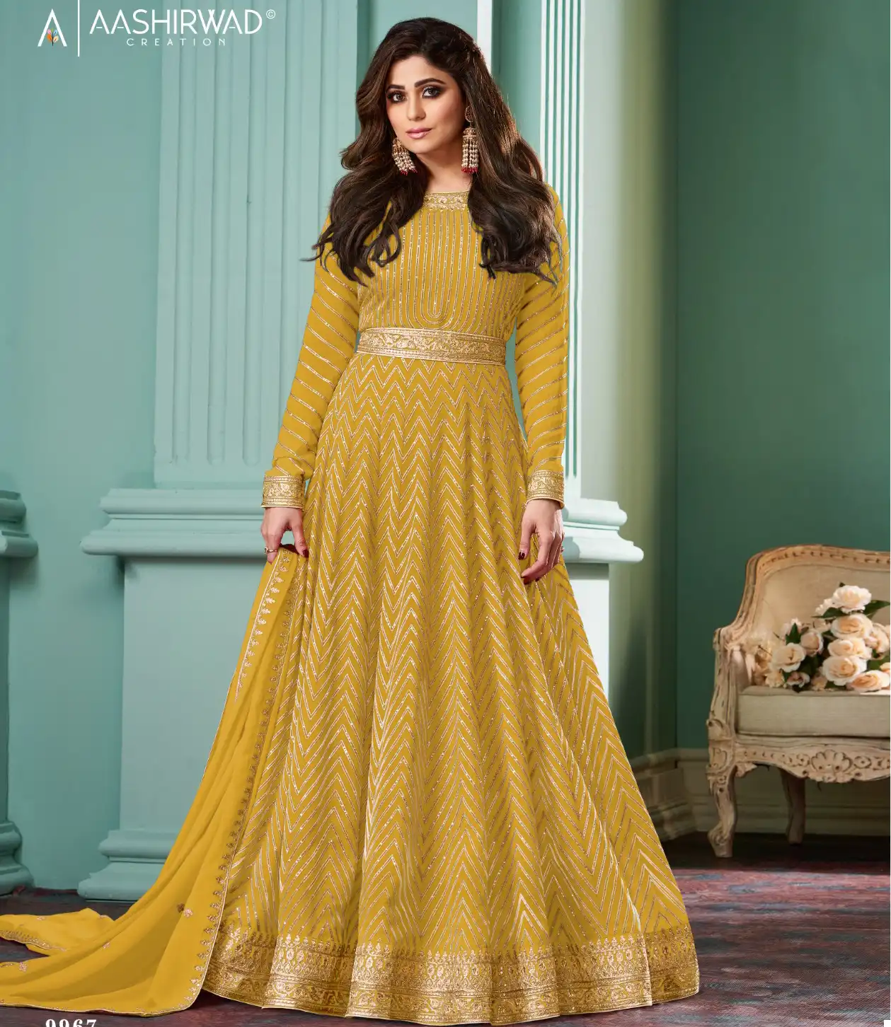 Aashirwad Alizza Pro Real Georgette Wholesale Designer Long Gown with Dupatta Catalog