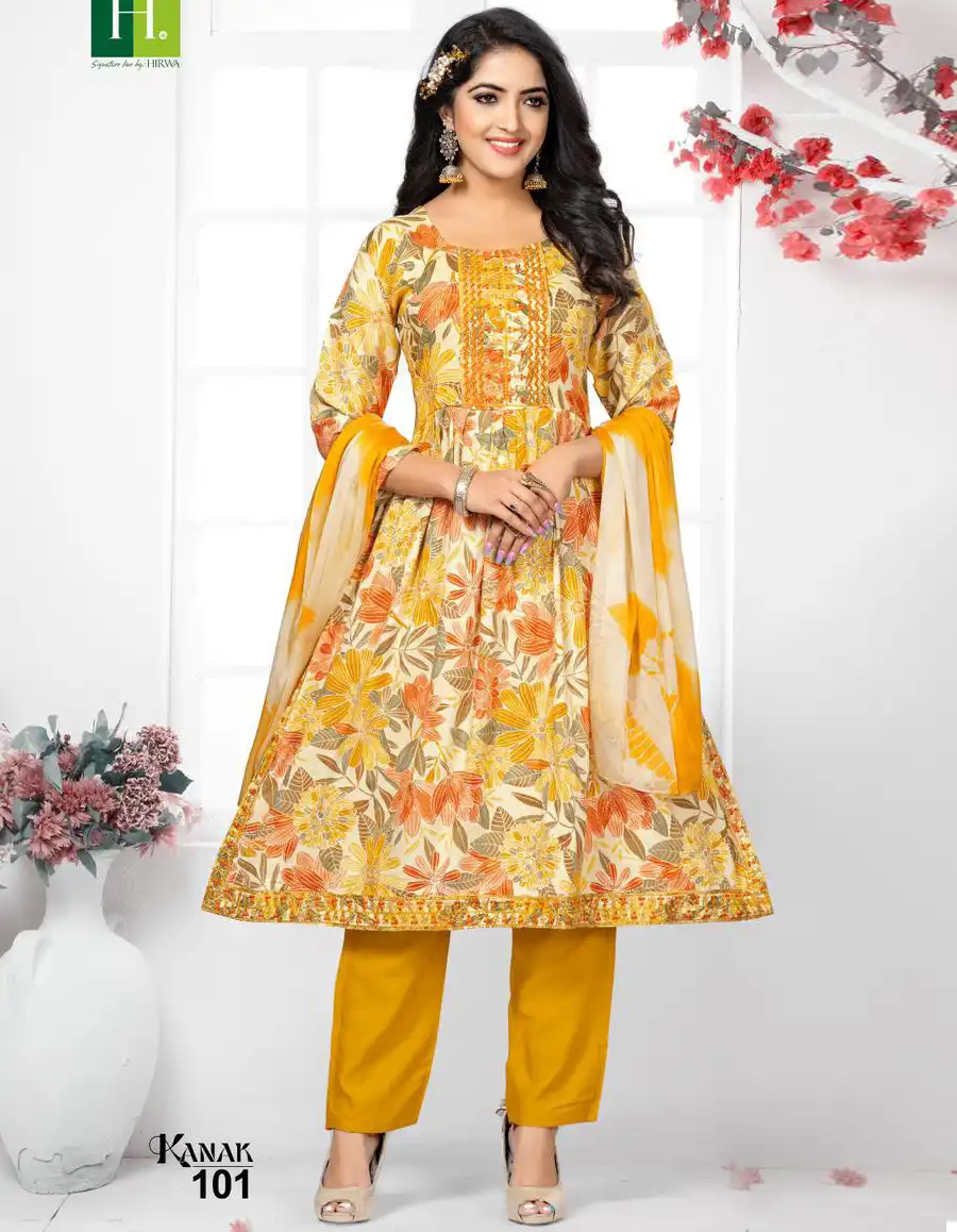 Hirwa Kanak Heavy Rayon Foil Print Wholesale Readymade Salwar Suit Catalog