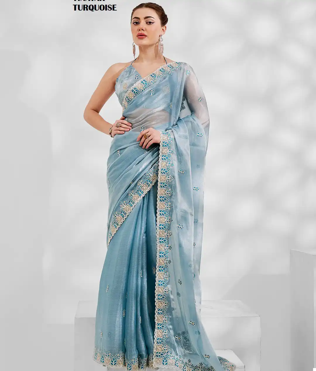 Laxminam Vinayak Turquoise Chiffon Wholesale Fancy Sarees