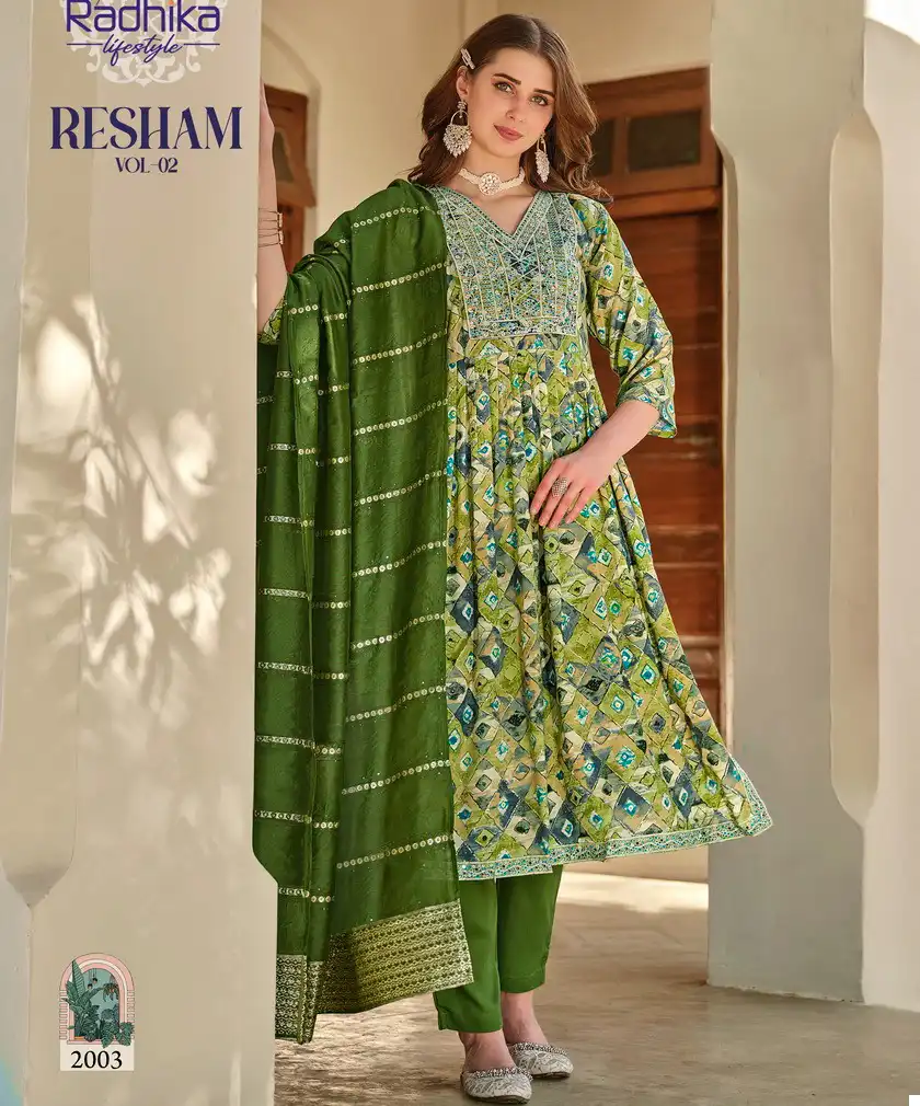 Radhika Lifestyle Resham Vol2 Rayon Foil Print Wholesale Readymade Salwar Suit Catalog