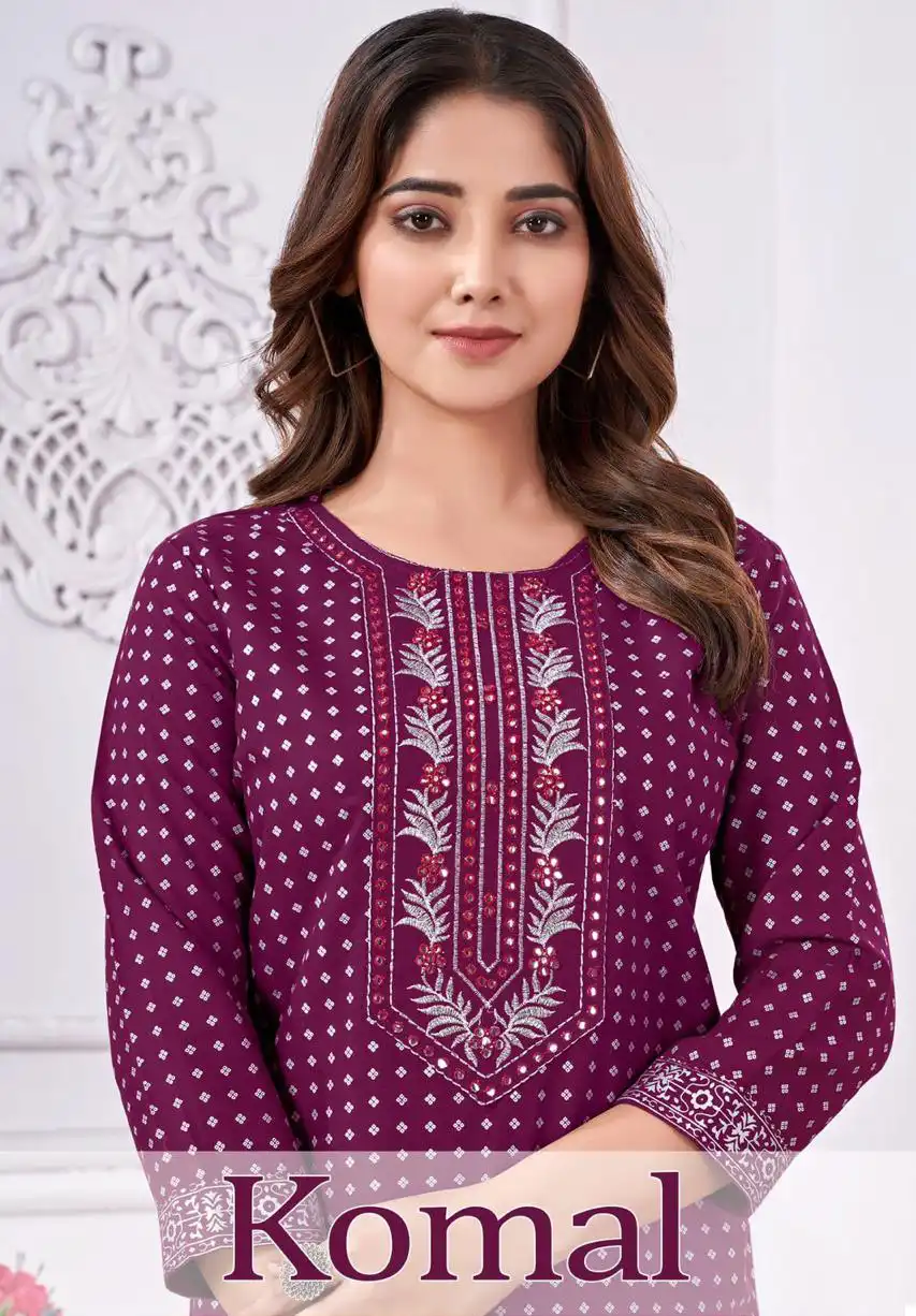 Vardan Ethnic Komal Rayon Foil Gold Print Wholesale Kurtis Catalog