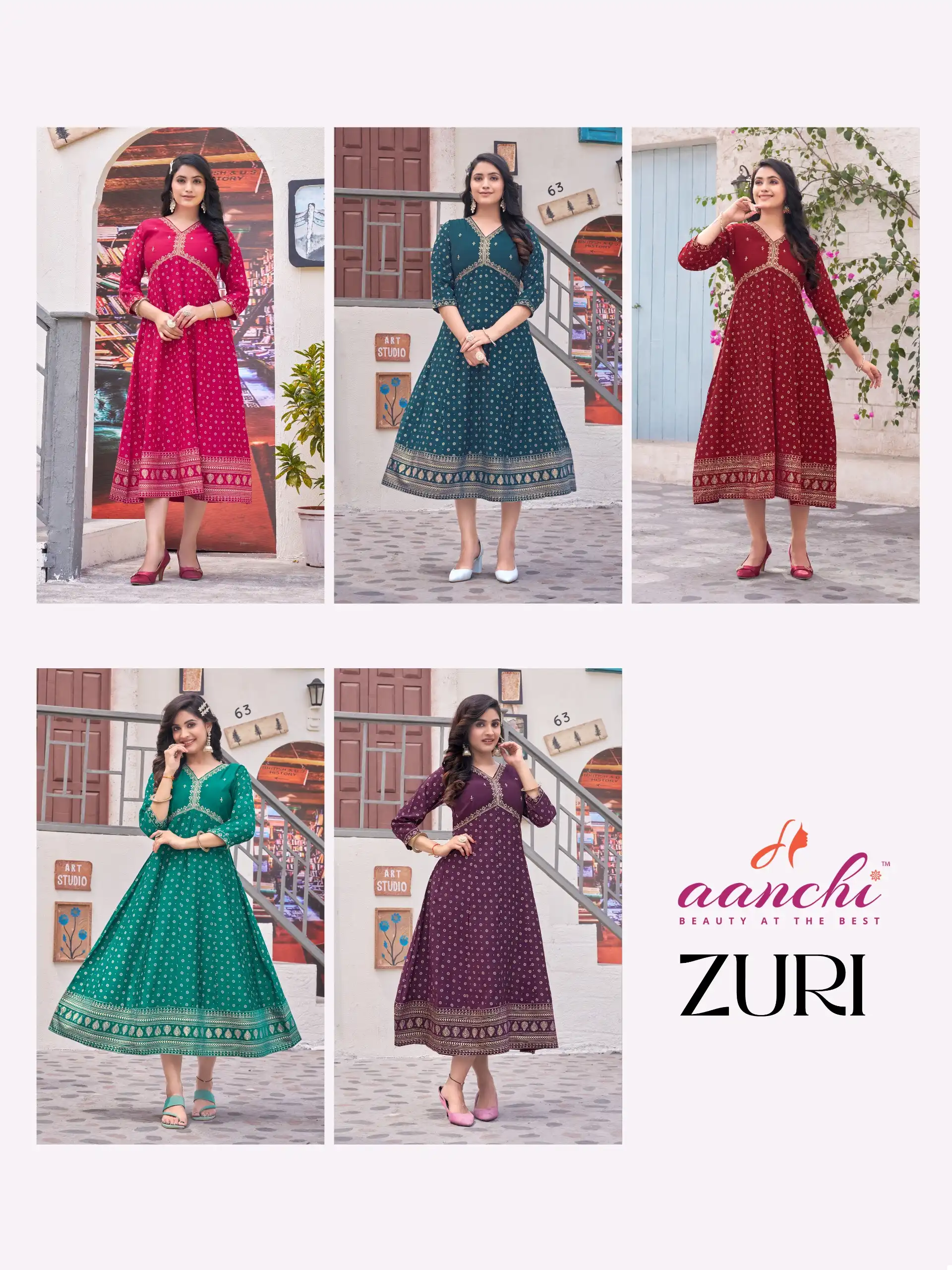 Aanchi Kurtis Zuri Roman Silk Wholesale Anarkali Kurtis Catalog - Image 6