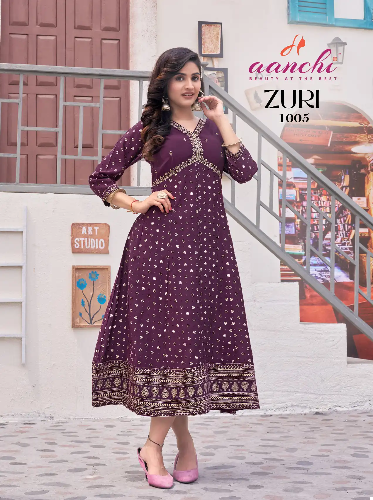 Aanchi Kurtis Zuri Roman Silk Wholesale Anarkali Kurtis Catalog - Image 5