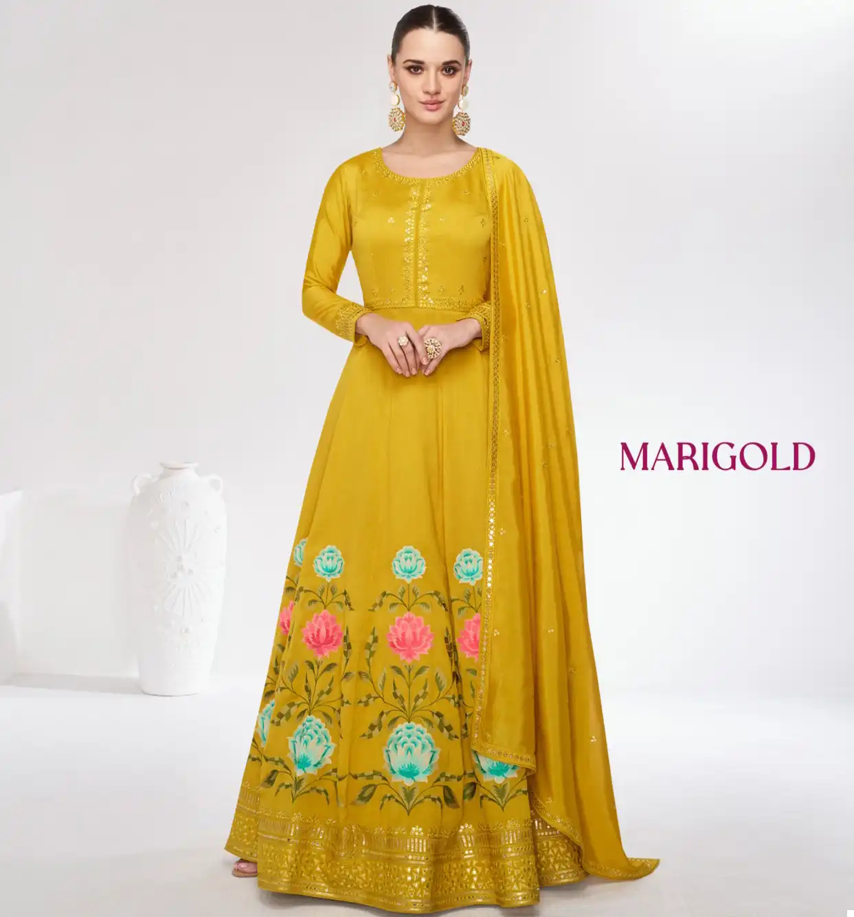 Aashirwad Mari Gold Premium Silk Wholesale Designer Long Gown with Dupatta Catalog