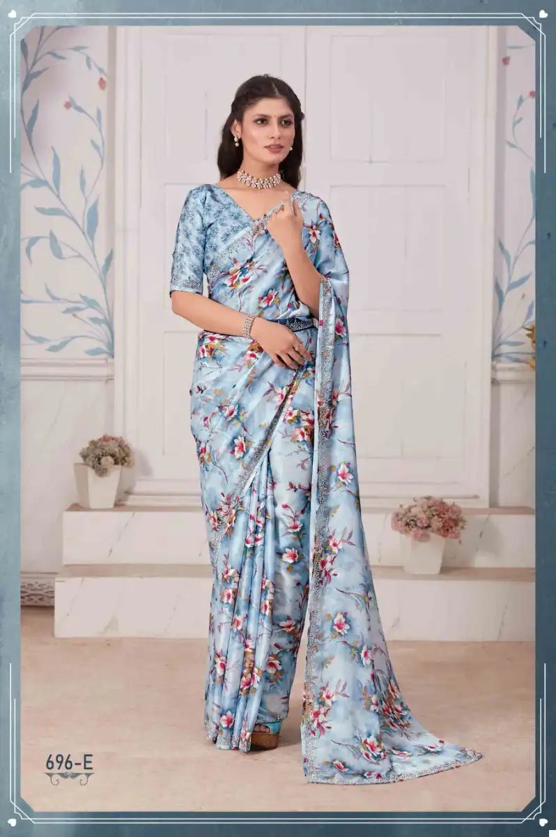 Mehek 696A To 696E Pure Satin Georgette Digital Print Wholesale Fancy Sarees Catalog - Image 2