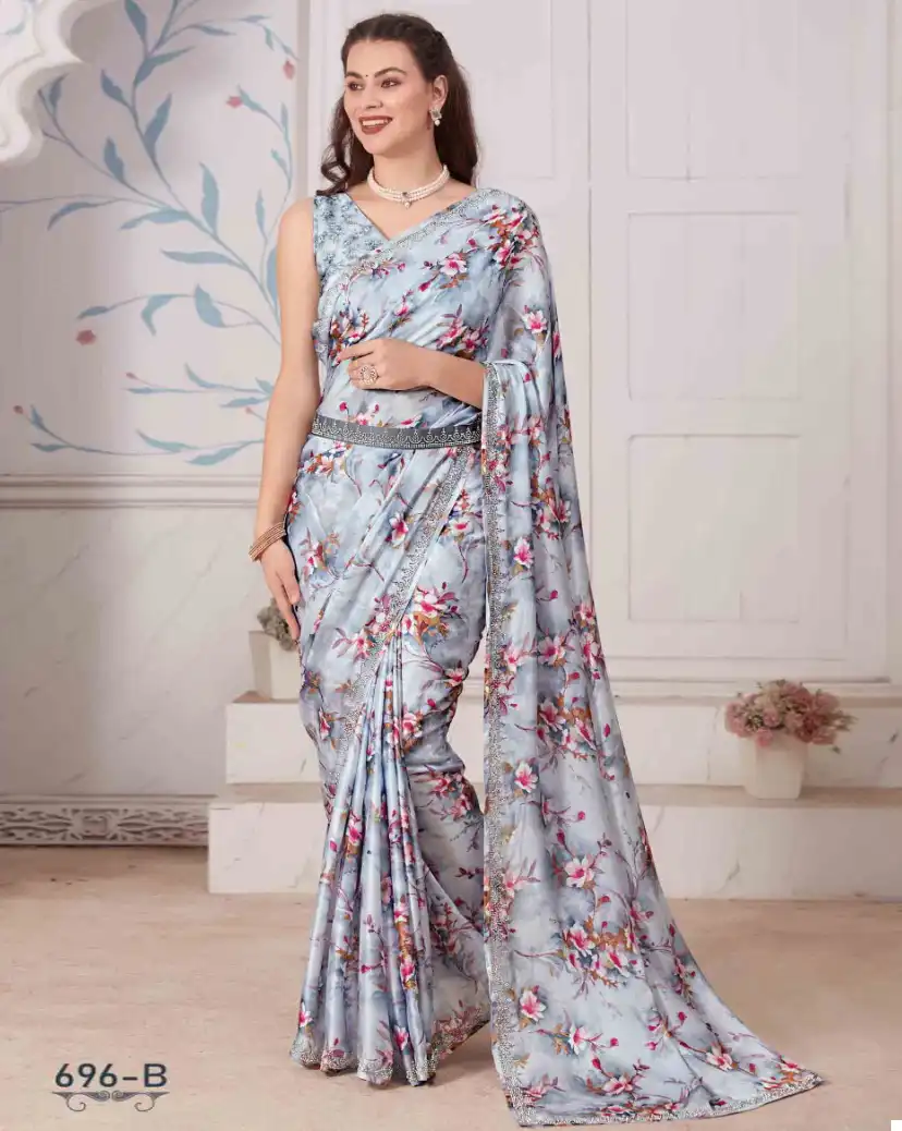 Mehek 696A To 696E Pure Satin Georgette Digital Print Wholesale Fancy Sarees Catalog