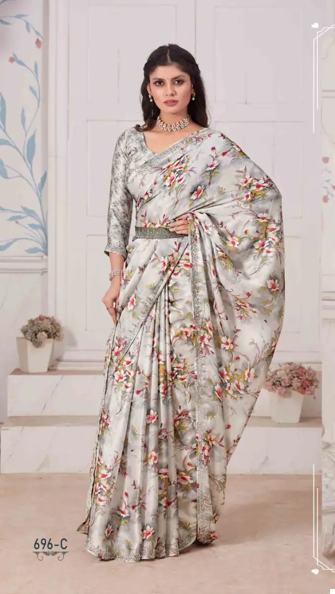 Mehek 696A To 696E Pure Satin Georgette Digital Print Wholesale Fancy Sarees Catalog - Image 4