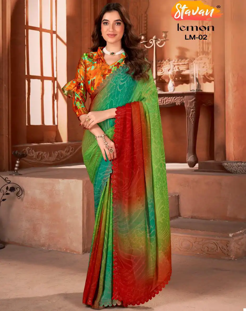 Stavan Lemon Handprint In Dull Moss Wholesale Fancy Sarees Catalog