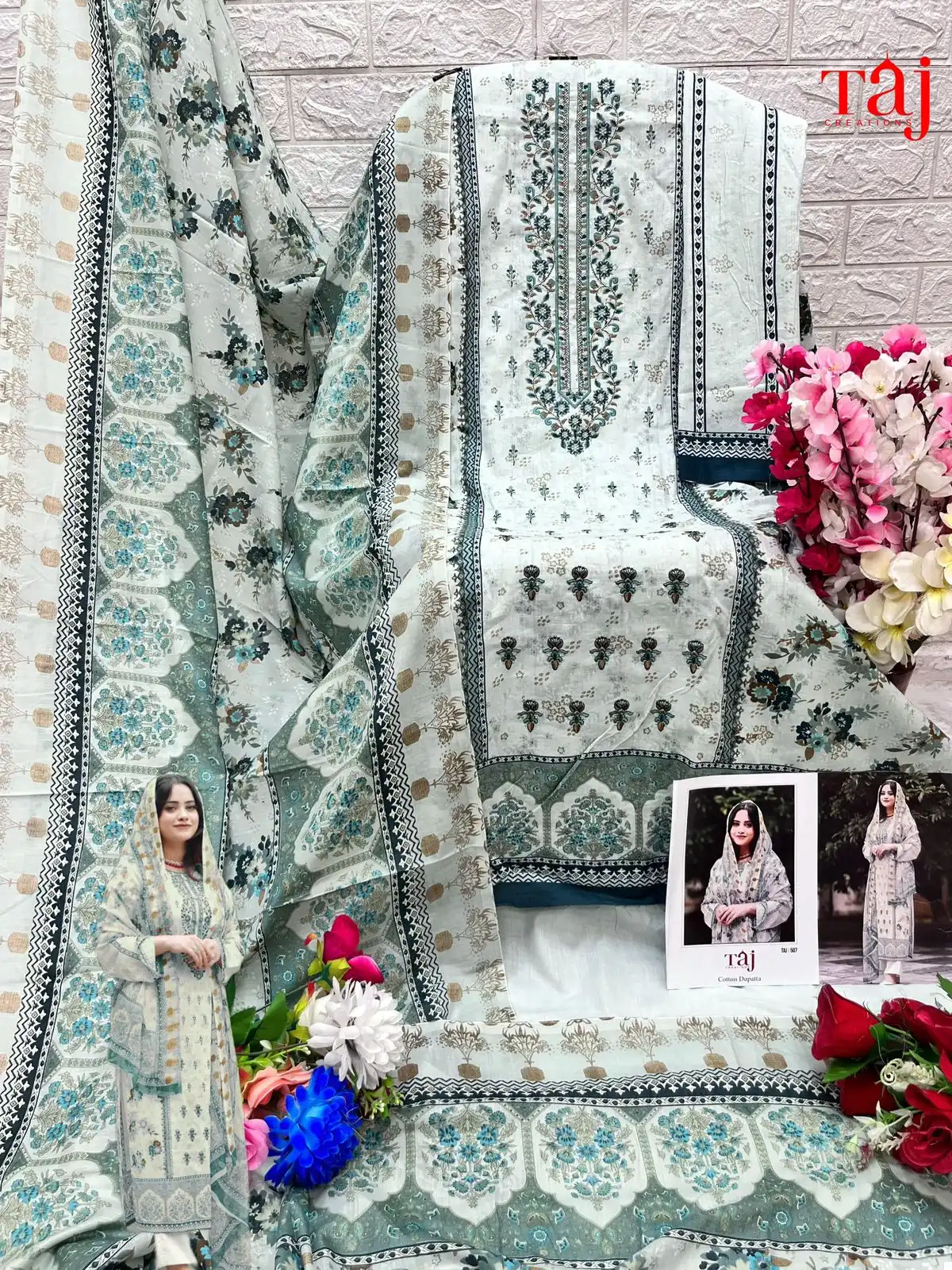 Taj Creations 506 & 507 Pure Cotton Wholesale Pakistani Salwar Suit Catalog - Image 2