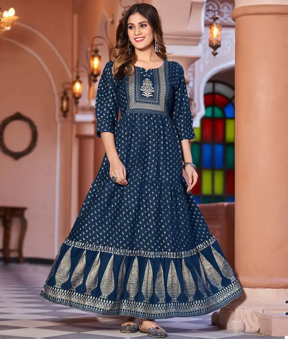 Vardan Ethnic Jlf Khwaab Vol 1 Fancy Rayon Slub Wholesale Fancy Sober Long Flair Gown Catalog