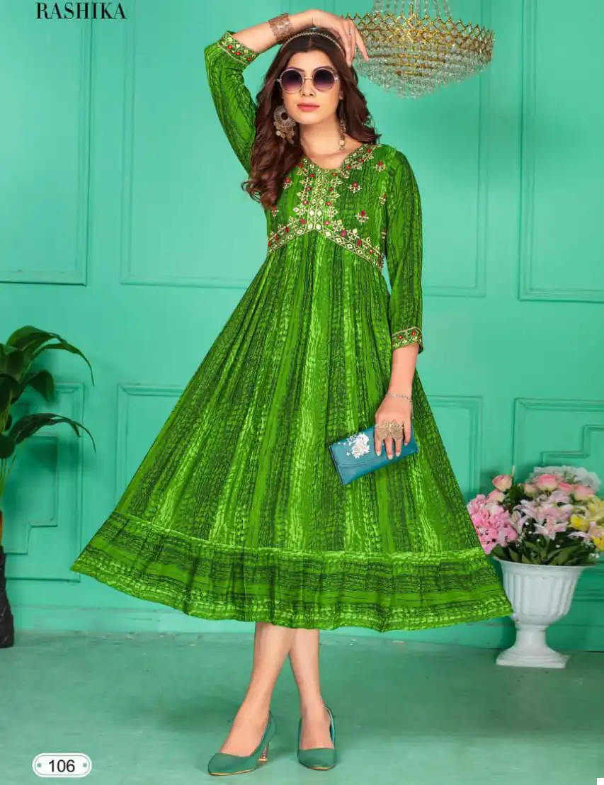 Wanna Rashika Rayon Saburi Print Wholesale Flared Long Kurti Catalog