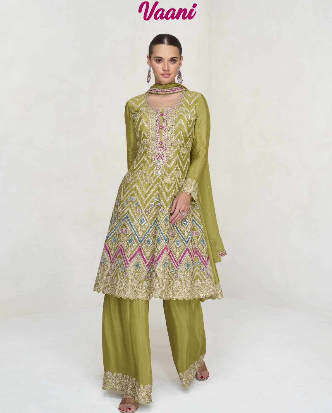 Aashirwad Vaani Premium Chinon Silk Wholesale Readymade Salwar Suit Collection