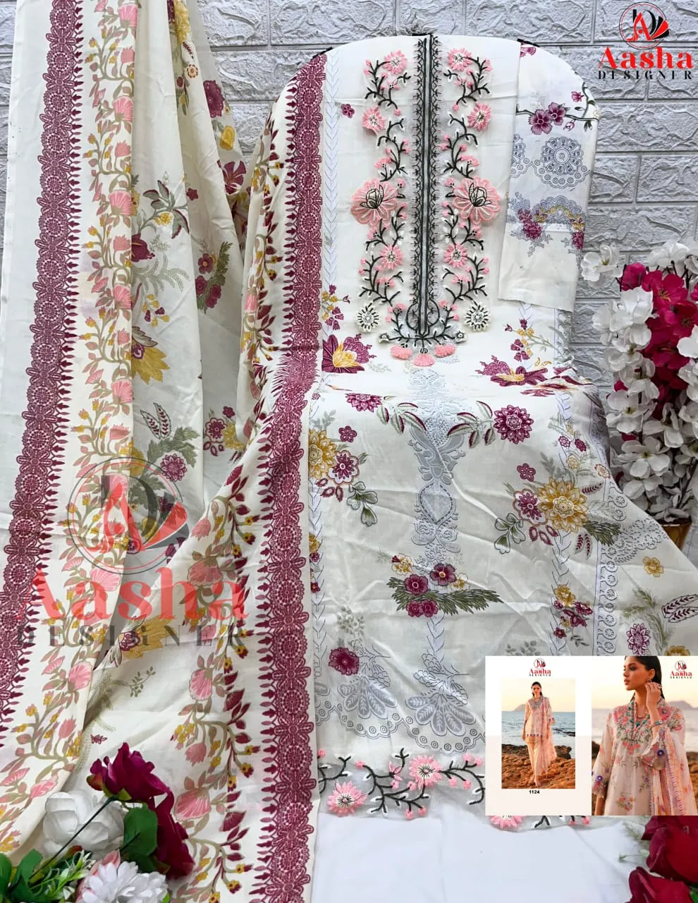 Aasha 1124 Cotton Dupatta Wholesale Pakistani Suit Collection