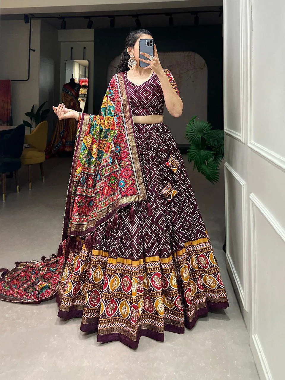 Bt 7028 Beautiful Tussar Silk Wholesale Bandhej Patola Lehenga Choli Collection — Lehenga, Vardan Ethnic wholesale from Surat - Gallery Image 3
